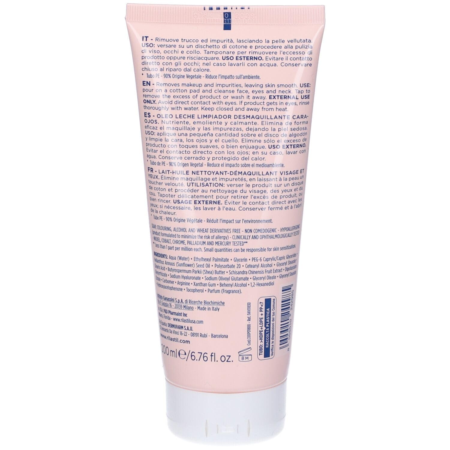 Rilastil Daily Care Olio Latte Detergente Viso e Occhi, Detergente Struccante Nutriente per Pelli Sensibili e Secche, Emolliente e Lenitivo con Burro di Karité, Acido Ialuronico, Confezione da 200ml