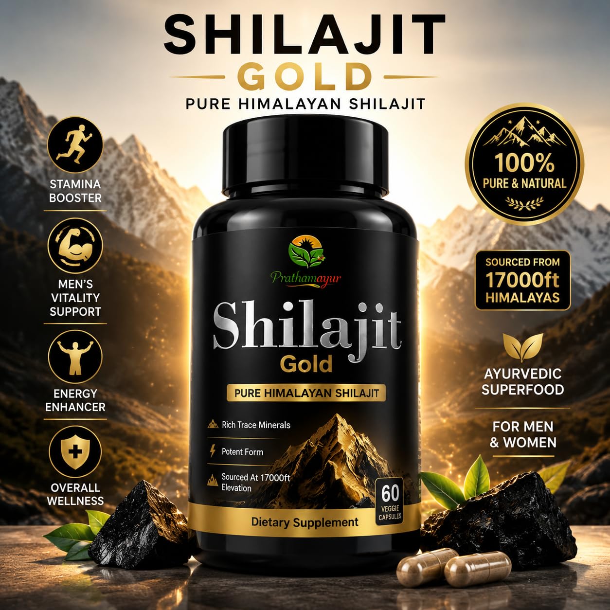 Shilajit Gold Capsules for Men & women | Pure Himalayan Shilajit 500 mg | Ayurvedic Supplement for Stamina, Energy & Vitality | 60 Capsules | Performance Booster – Ayurvedic Capsule — Amazon image 3