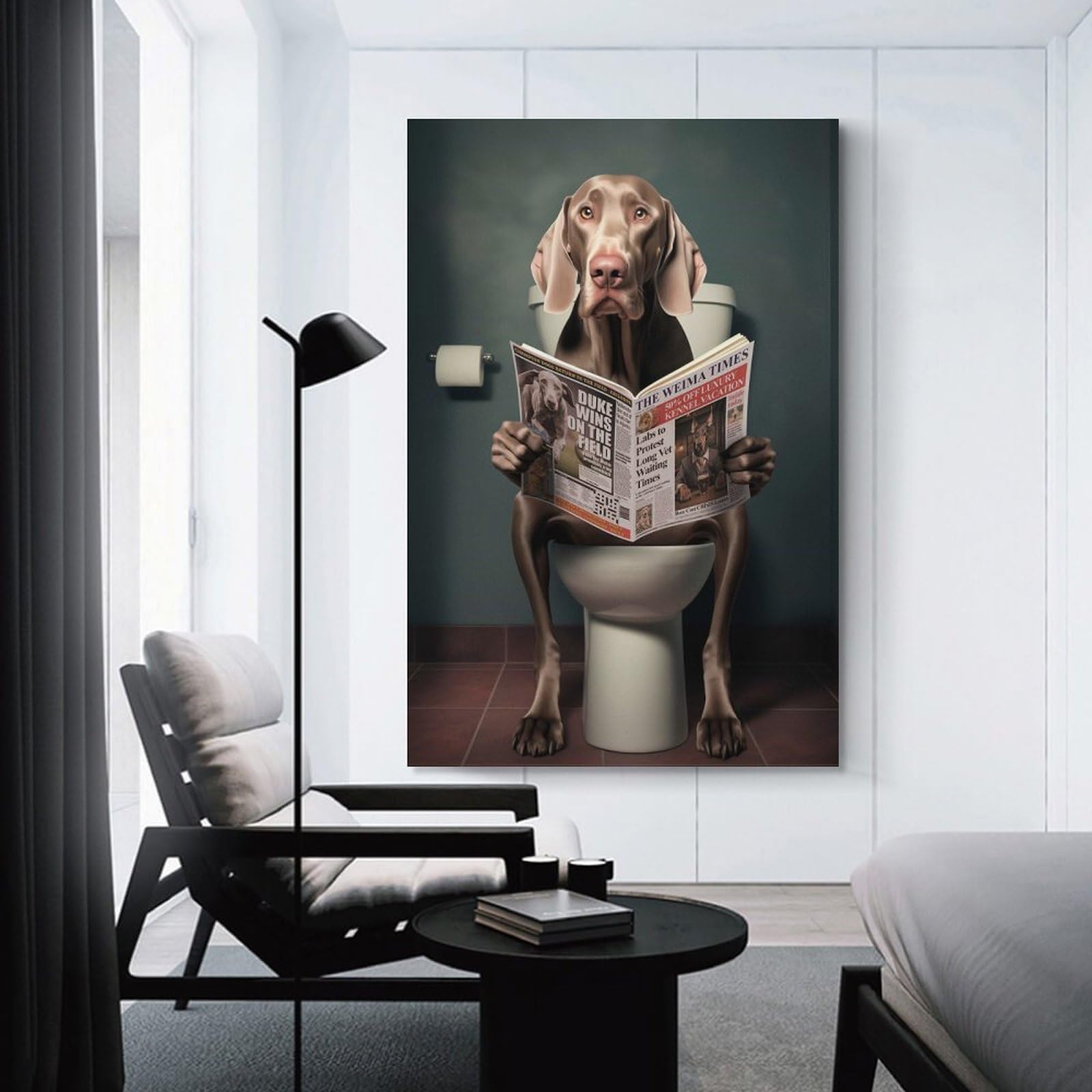 Junmoney Wall Picture Print Weimaraner on The Toilet, 24x36inch(60x90cm), for Hallway, Bedroom Or Modern Interiors, Thoughtful Wall Decor for Art Lovers
