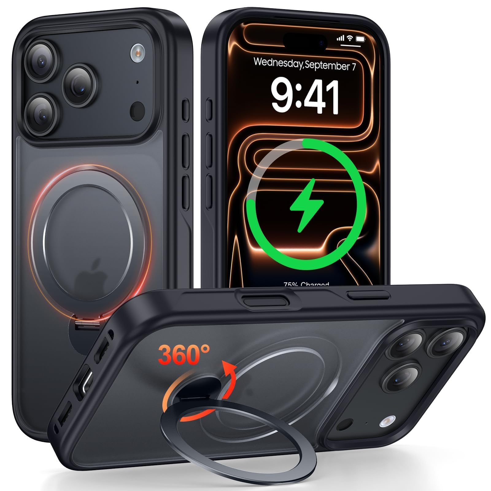 iPhone 17 Pro Max 用 ケース MagSafe対応 360°回転スタンド&隠し収納式 縦横両対応 半透明マット仕上げ 指紋防止 いphone17promax スマホケース マグネット搭載 超強磁力 ワイヤレス充電対応 アイホン17プロマックス Fadkzyxr カバー 米軍規格 耐衝撃 カメラ保護 おしゃれ・ブラック
