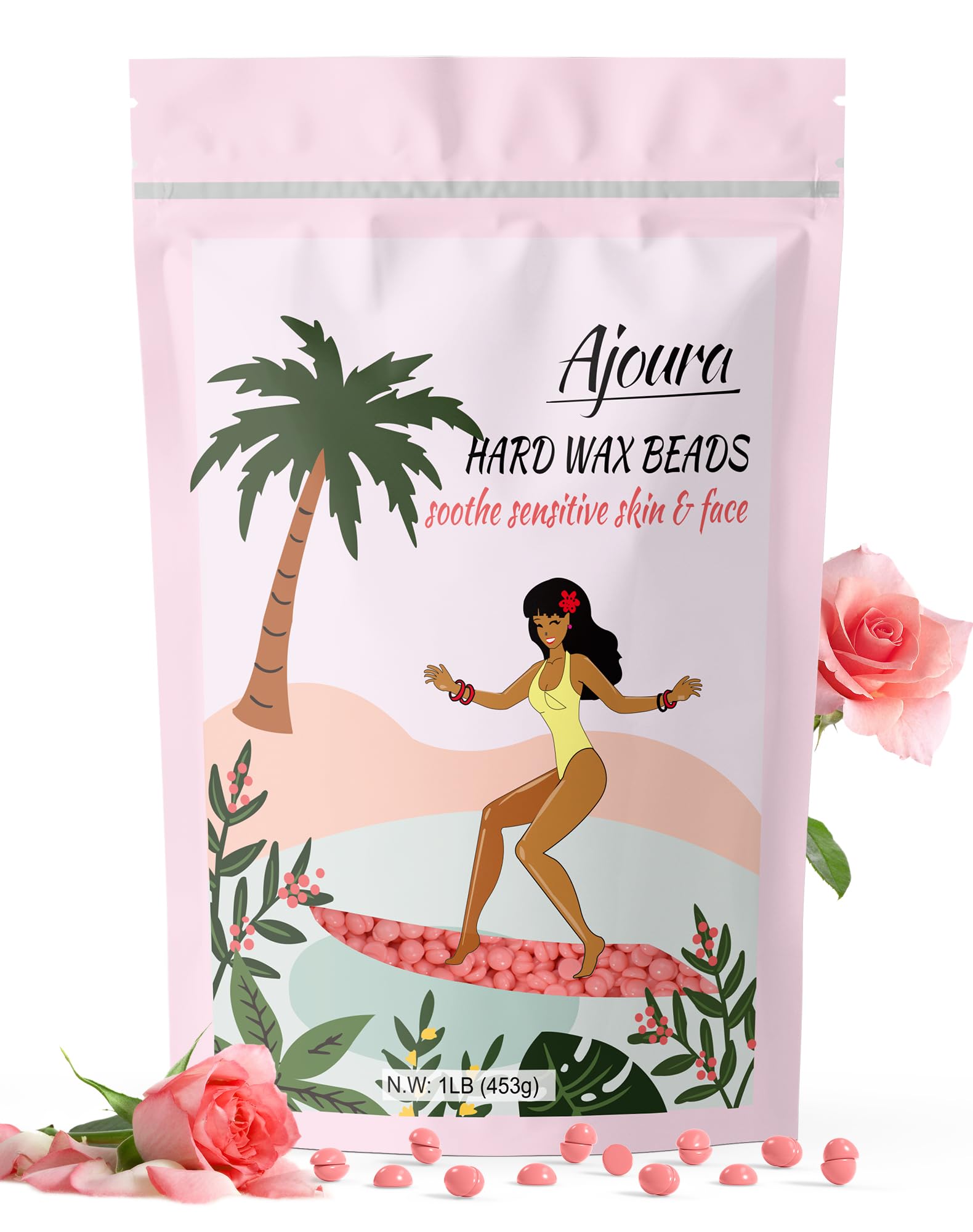 Ajoura Wax Beads for Hair Removal, 1lb Pink Rose Hard Wax for Coarse Hair, Perfect for Brazilian, Bikini, Eyebrow, Legs, Facial, and Full Body Waxing, At-Home Wax Refill for Women and Men