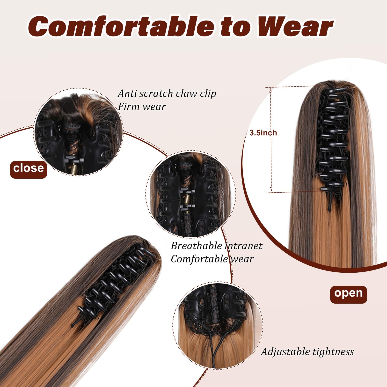 Dcbaboo 22inch Claw Clip in Ponytail Hair Extensions Long Straight Ponytail Extension Synthetic Pony tails Natural Wave One Piece Hairpiece Fake Ponytail for Women Dark Brown & Auburn - Image 2