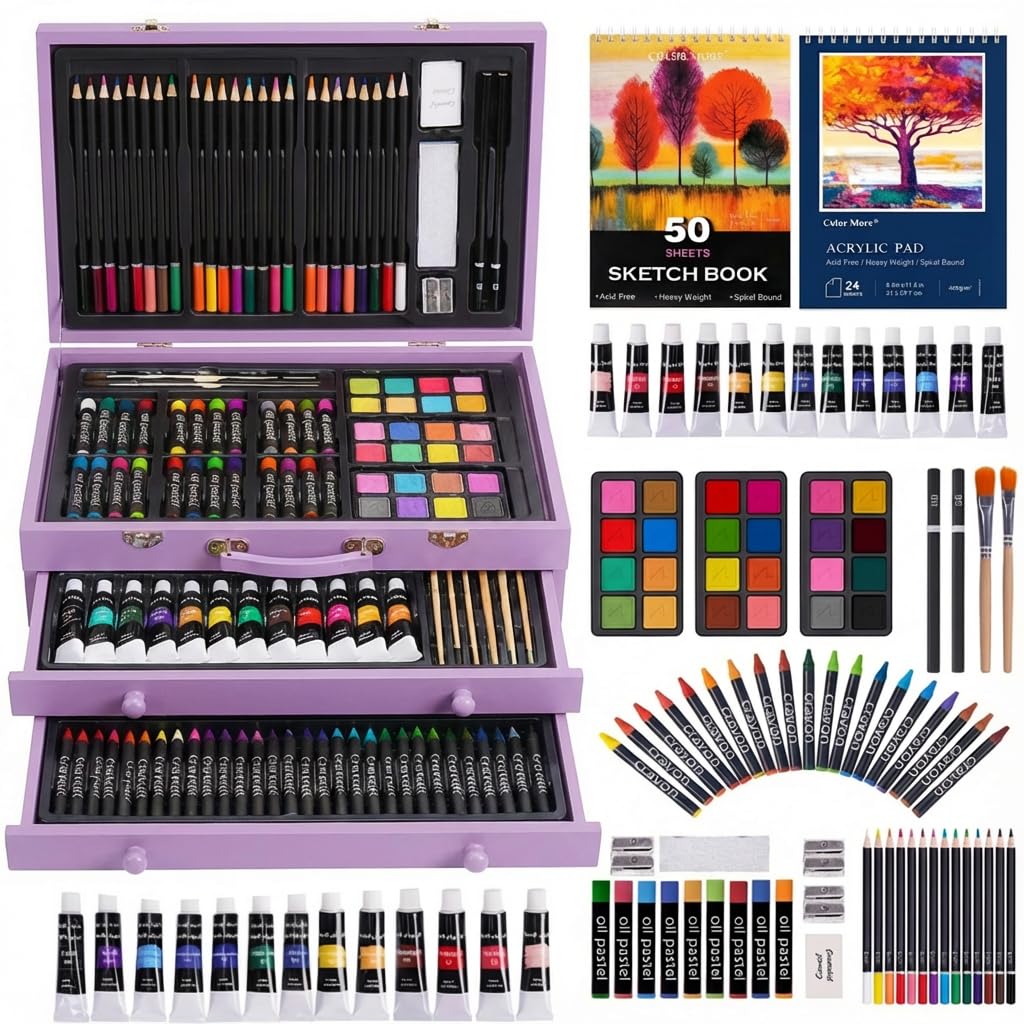 175 Piece Deluxe Art Set with 2 Drawing Pads, Acrylic Paints, Crayons, Colored Pencils, Paint Set in Wooden Case, Professional Art Kit, Art Supplies for Adults, Teens and Artist, Paint Supplies