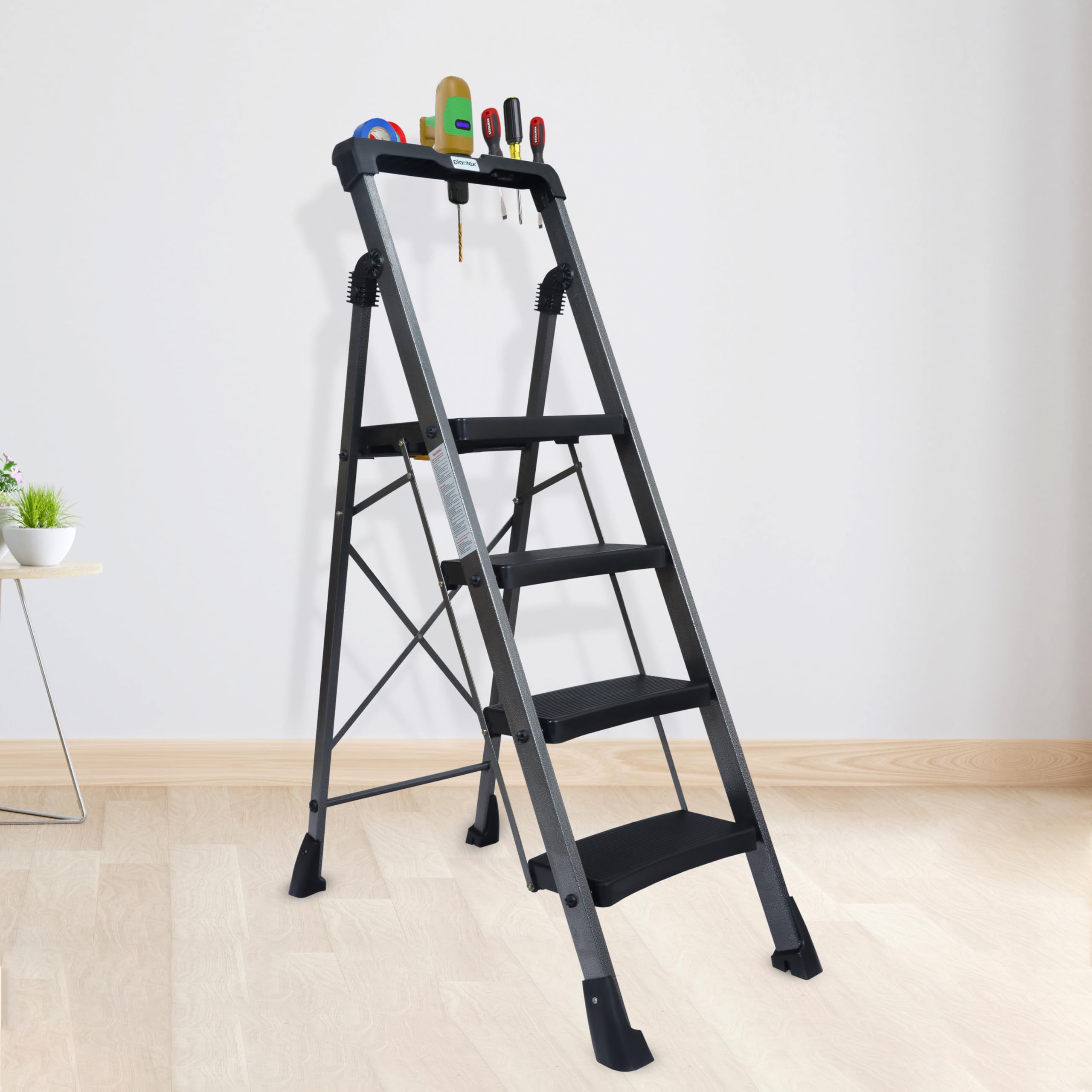 Heavy-Duty Mild-Steel Hulk Folding 4 Step Ladder for Home with Advanced Locking System -Anti Slip 4 Wide Step Ladder(Web-Grey)