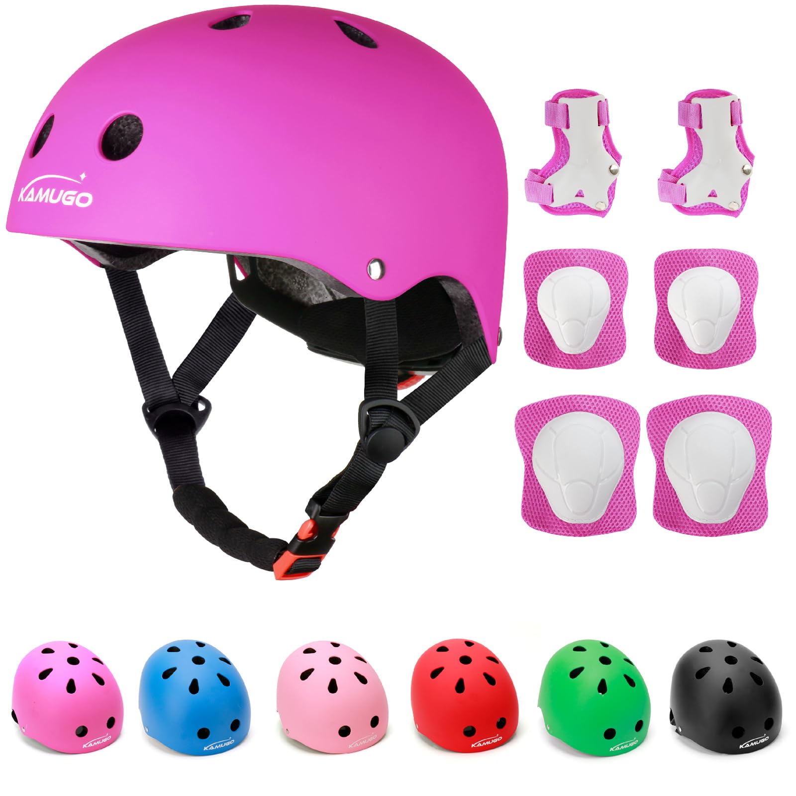 KAMUGO Kids Adjustable Helmet, with Sports Protective Gear Set Knee Elbow Wrist Pads for Toddler Age 2-8 Boys Girls, Bike Skateboard Hoverboard Scooter Rollerblading Helmet Set
