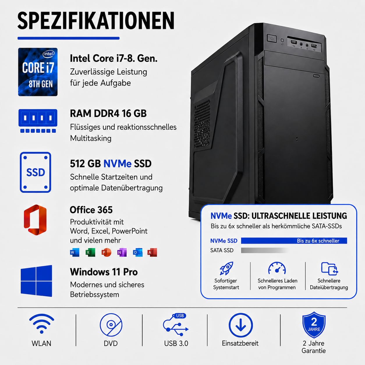 Desktop-PC • Intel Core i7-8700 • 16 GB RAM DDR4 • 512 GB SSD nvme • Windows 11 Pro • WiFi • Office 365 • sofort einsatzbereit • USB 3.0