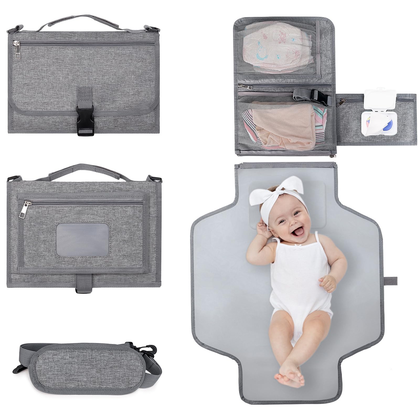 Bebamour Portable Nappy Changing Mats with Wipes Pocket Travel Baby Changing Pads with Head Cushion for Infants Waterproof Diaper Changing Pads Newborn Essentials, Grey