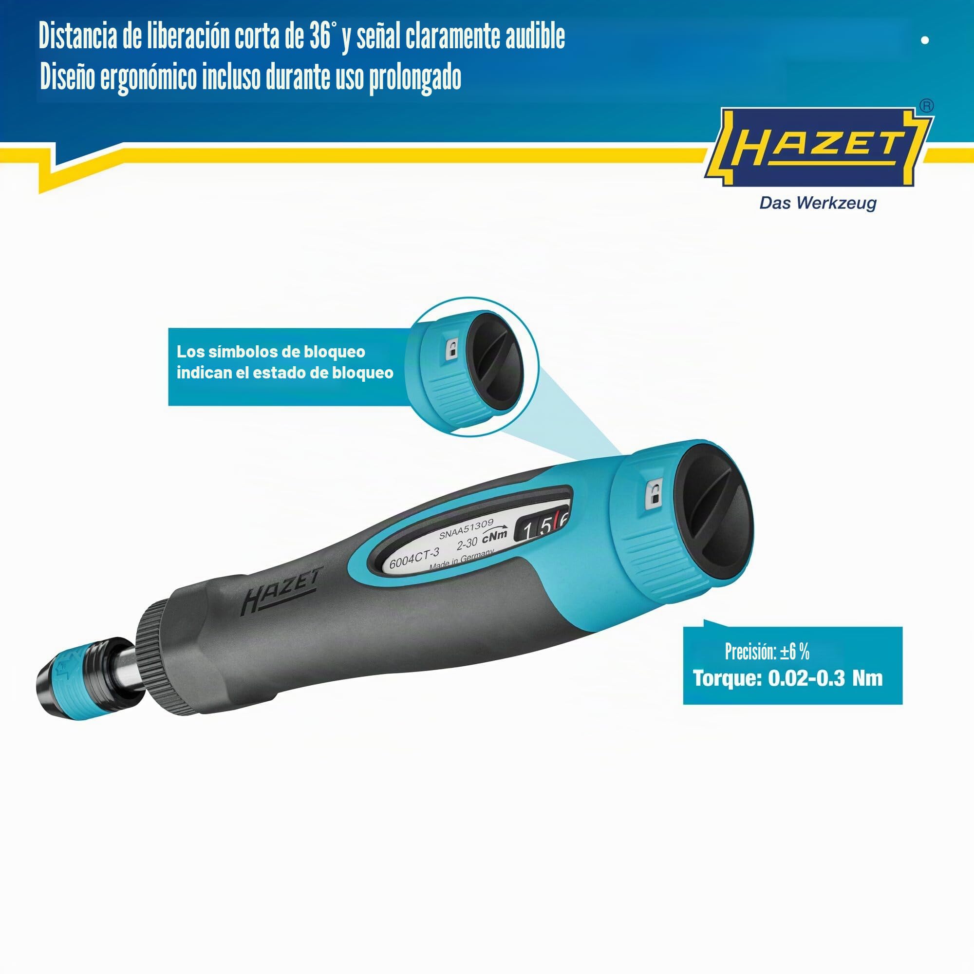 Hazet Destornillador dinamométrico 6004CT-3, 1/4" con mango estándar, 0,02-0,3 Nm, 6% de precisión, 196 mm de longitud, conmutable derecha/izquierda, mecanismo de rueda libre