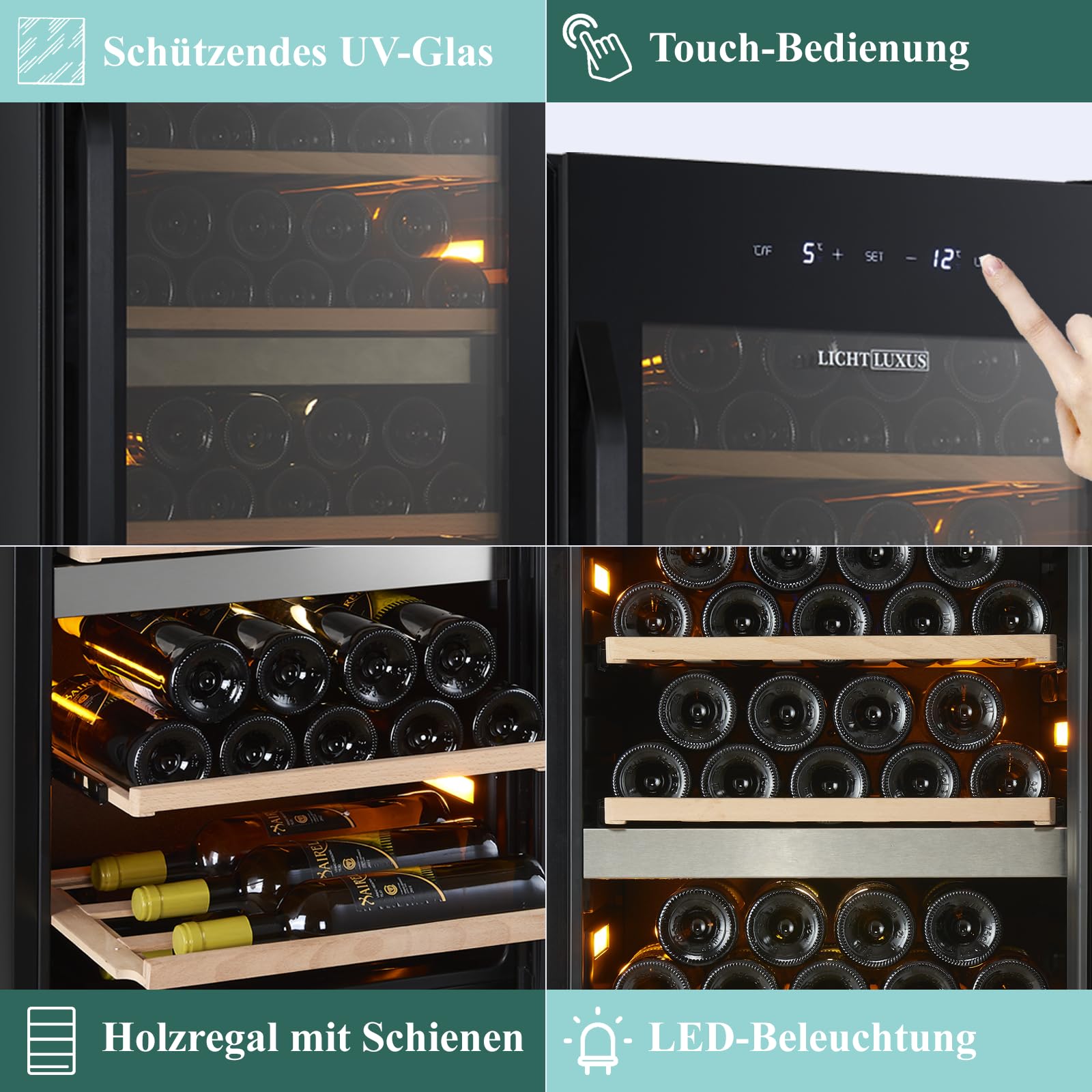 Weinkühlschrank 2 Zonen für 71 Flaschen – Freistehender Weintemperierschrank mit 3-fach UV-Glastür & Holzablagen (5-20°C) – Großer Getränkekühlschrank für Wohnzimmer & Weinkeller