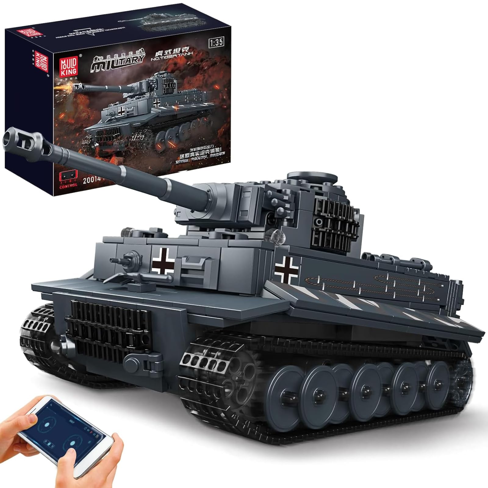Mould King 20014 MOC Tiger-Panzer Ferngesteuert mit elektrischem Gyroskop und Sound Technik Transporter Tank, Technologie Klemmbausteine Bausatz （800+ pcs）