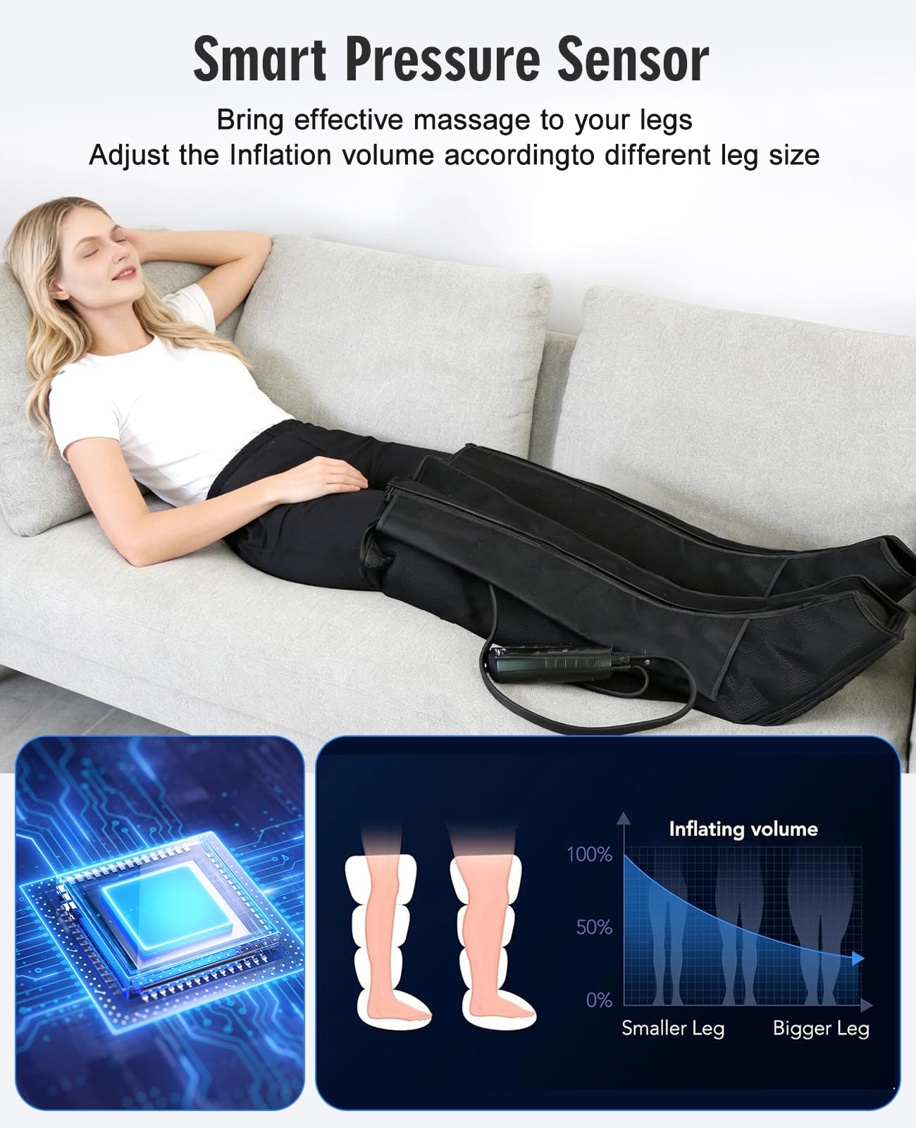 Kalamera Masajeador de piernas de compresión de aire con botas con cremallera, 6 modos, 3 niveles de intensidad con temporizador, masaje de envoltura de piernas completas para pies, pantorrillas y