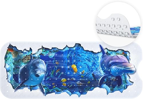 3D Stereo Bathtub Mat 40x16in Children's Bath Mat Dolphin Pattern Anti-Slip Machine Washable Bath Mat with Suction Cup