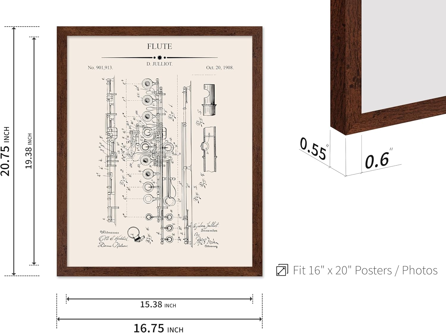 Poster Master Flute Blueprint Poster - Flute Patent Print - Music Art - Musical Instrument Design - Technical Design - Marching Band Decor - Great Office or Music Room Decor - 16x20 Brown Framed