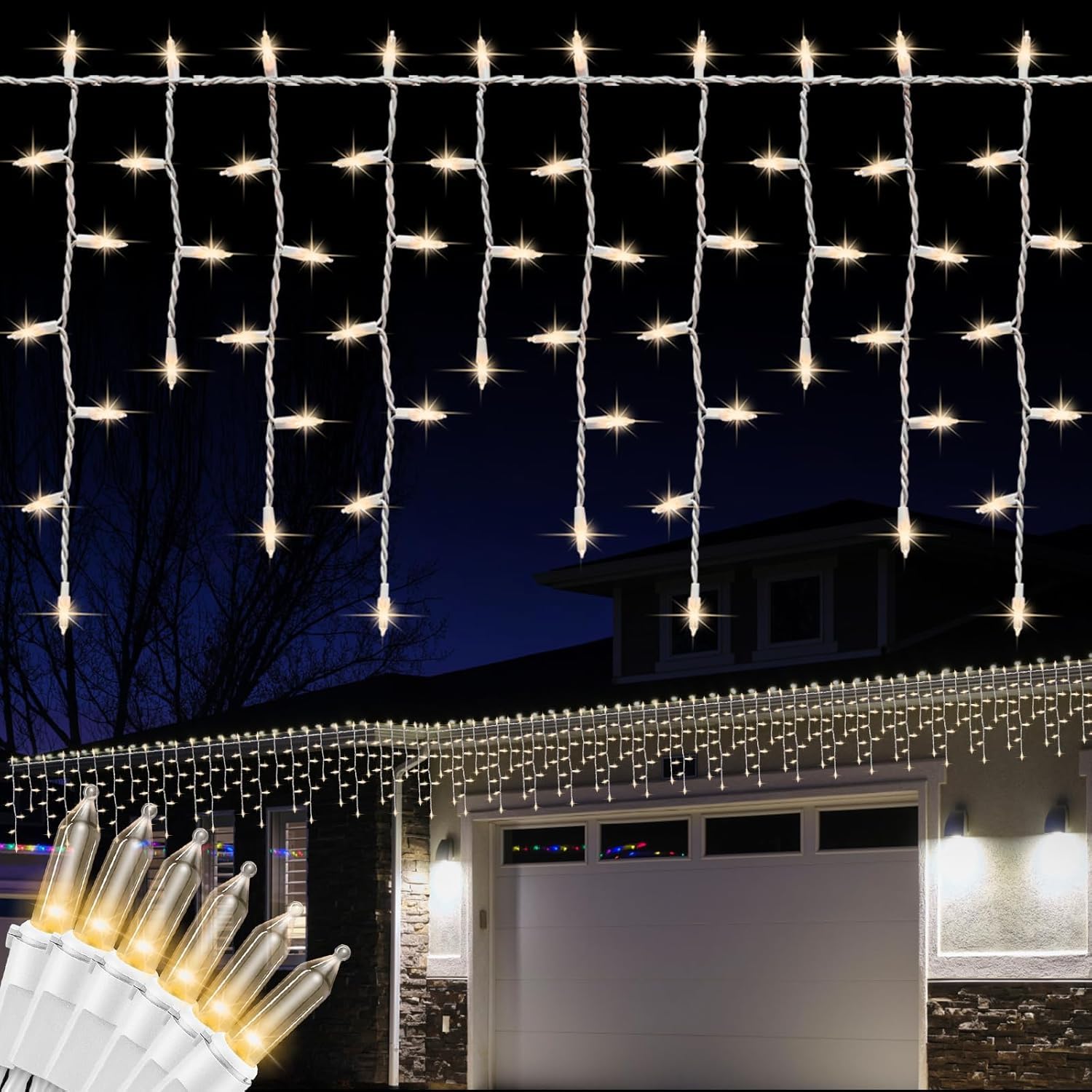 138 LED Lámpara de hielo 8 modos de control cortina corta, 6M Icicle Lights cadena de hadas impermeable para interior y exterior, vacaciones, fiesta, decoración de ventanas(warm'white, 138 led)