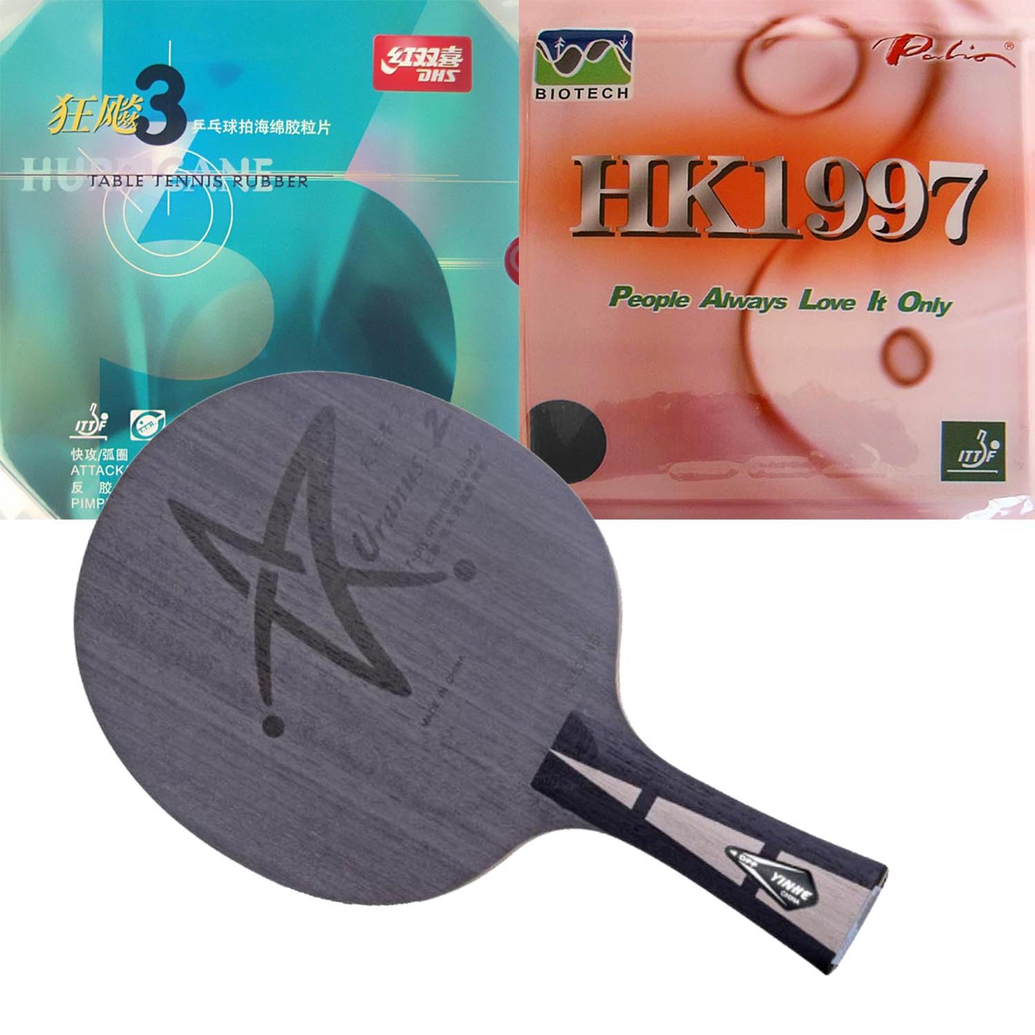 Yinhe Uranus.2 U-2 Tennis Blade with DHS NEO Hurricane 3 and Palio HK1997 pimples in PingPong Rubber with Sponge Shakehand Long Handle FL(FL with case)