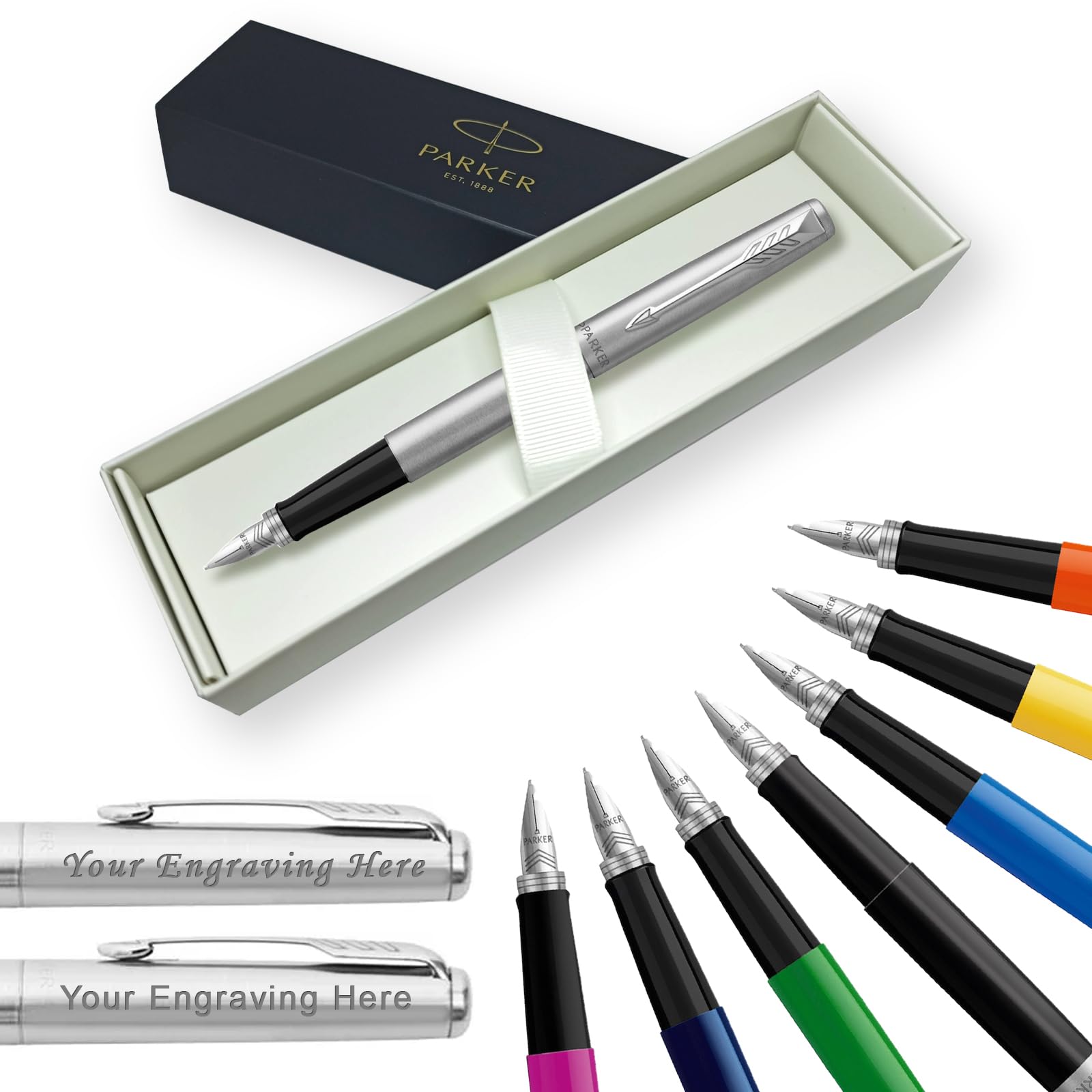 Parker Jotter Fountain Pen Personalised Pen Engraved In Classy Gift Box Ideal, Birthday, Valentines, Mothers or Fathers Day Engraved Parker Pen with Laser Engraving (Stainless Steel Chrome Trim)