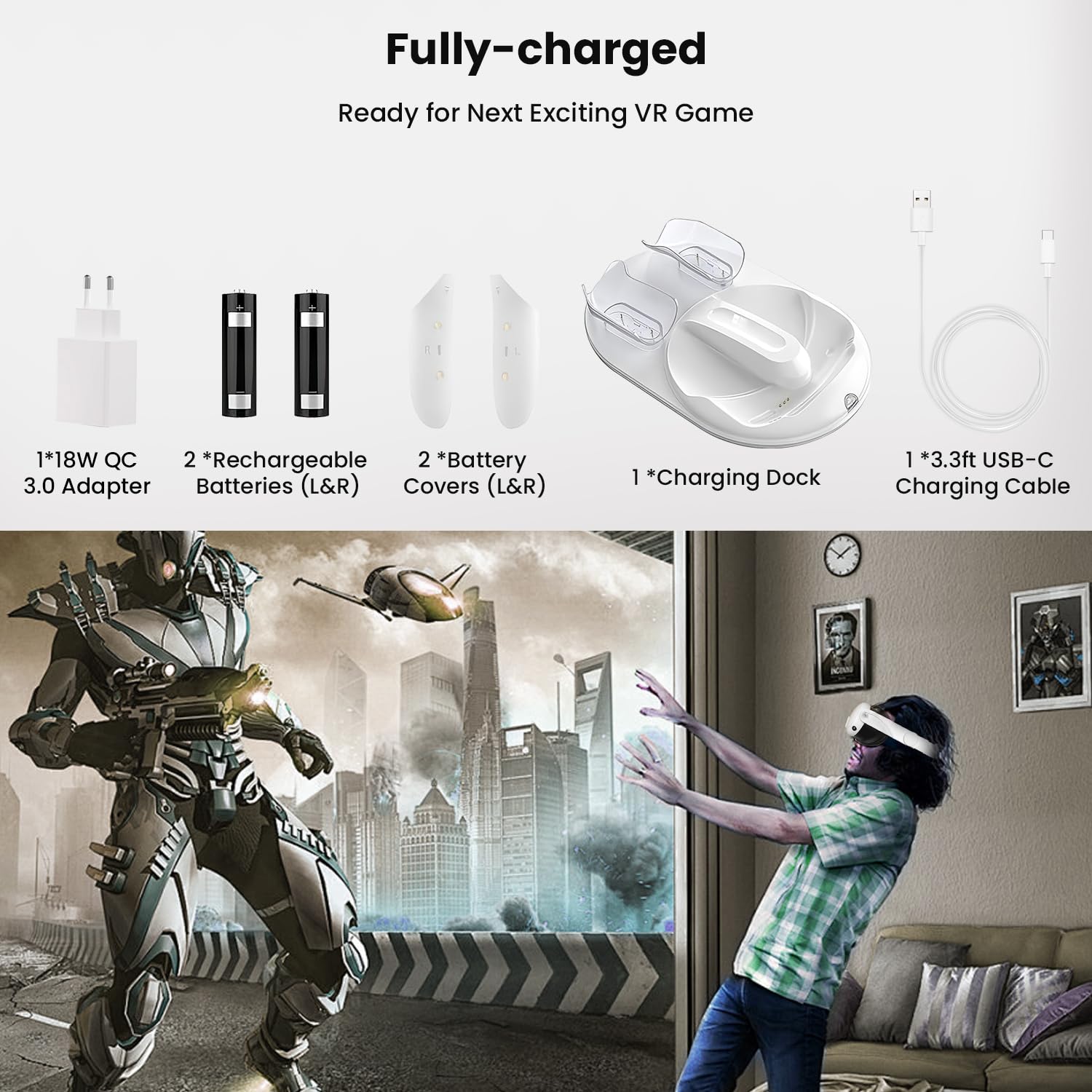 GEEKERA Estación de Carga Compatible con Quest3 Headset, Cargador Magnético para Auriculares y Mandos, Accesorios VR, Estación de Carga Rápida con Adaptador de 18 W/2 Baterías Recargables