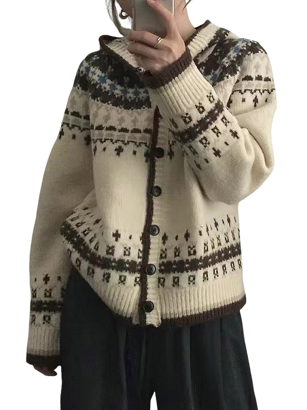 utcoco Womens Snowflake Christmas Cardigan Sweaters Color Block Knit Sweater Coats with Hood