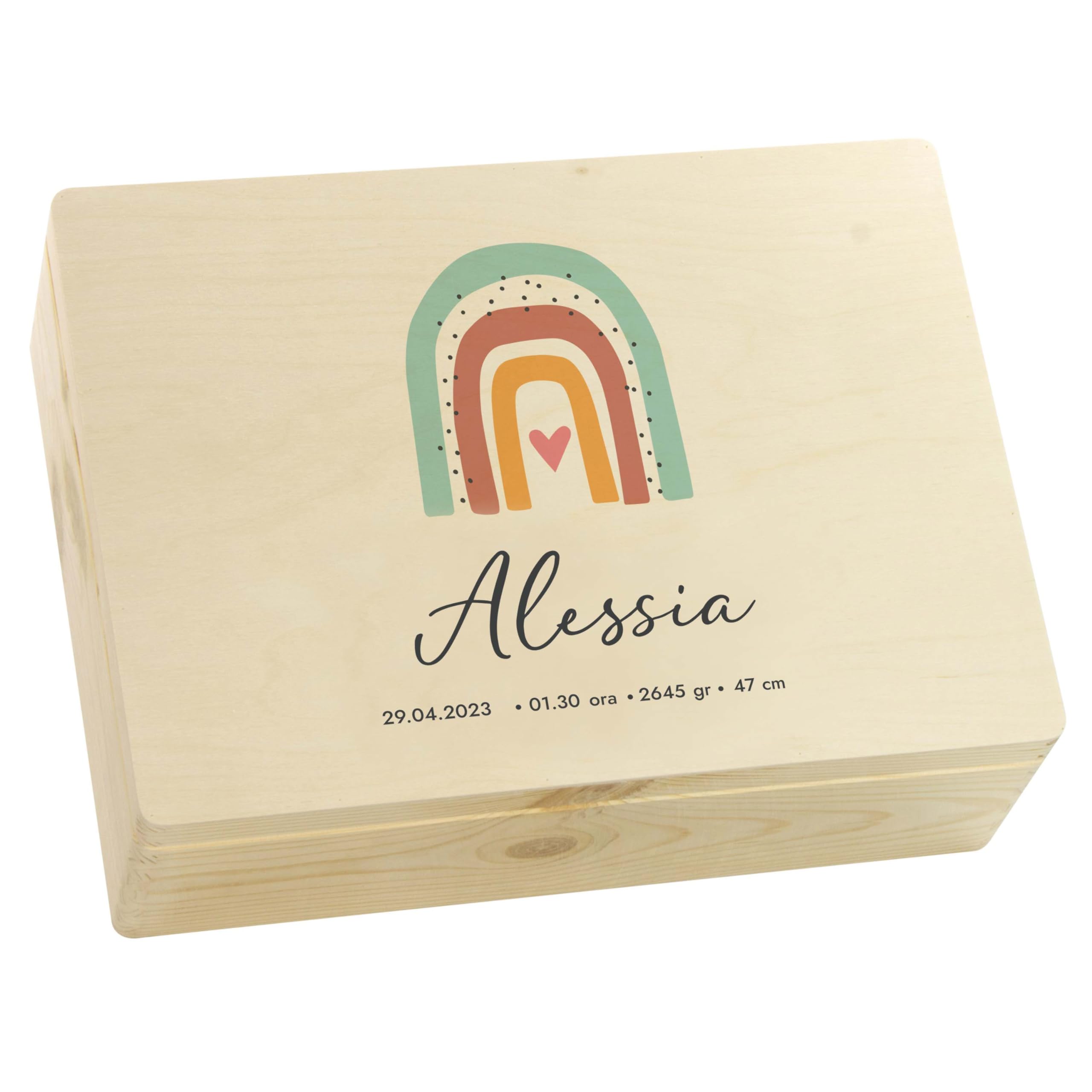 LAUBLUST Scatola dei ricordi del bambino - Arcobaleno - Regalo di nascita personalizzabile | Taglia L, ca. 40 x 30 x 14 cm, Naturale - Scatola decorativa in legno con coperchio, FSC®
