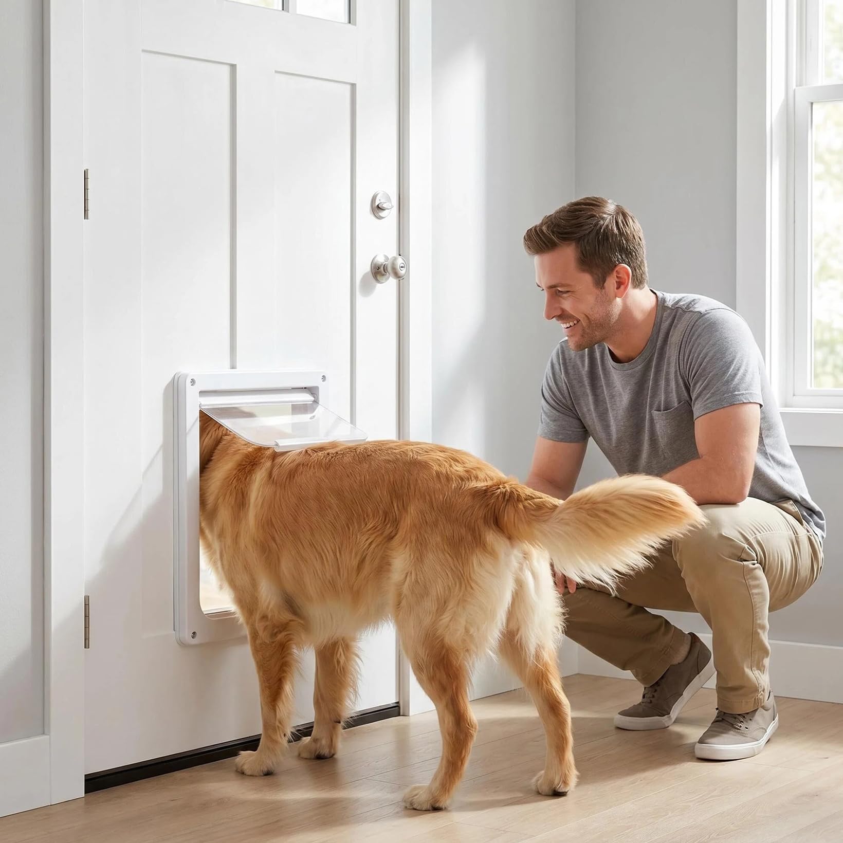 Puerta para Mascotas, 30x37cm, plástico Blanco, para Perros y Gatos Grandes | Instalación fácil; para puertas interiores y exteriores.