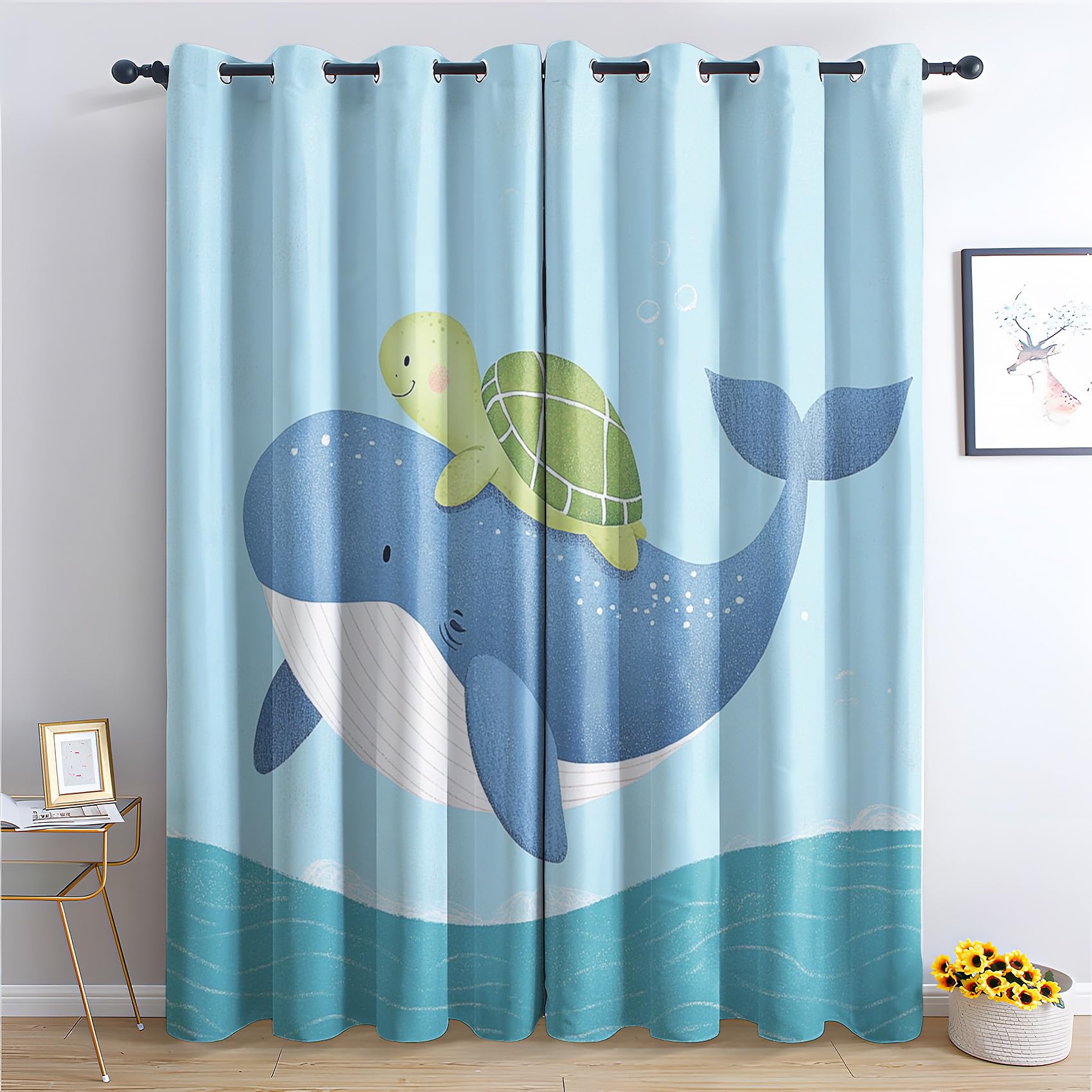 Rideau Occultant Animaux Marins - Décoration Dessin Animé, Rideau Thermique Motif Baleine Tortue, Lot de 2 Rideaux Opaque à Oeillets pour Fenetre Chambre Salon Chambre Enfant, 117x137 cm (LxH)
