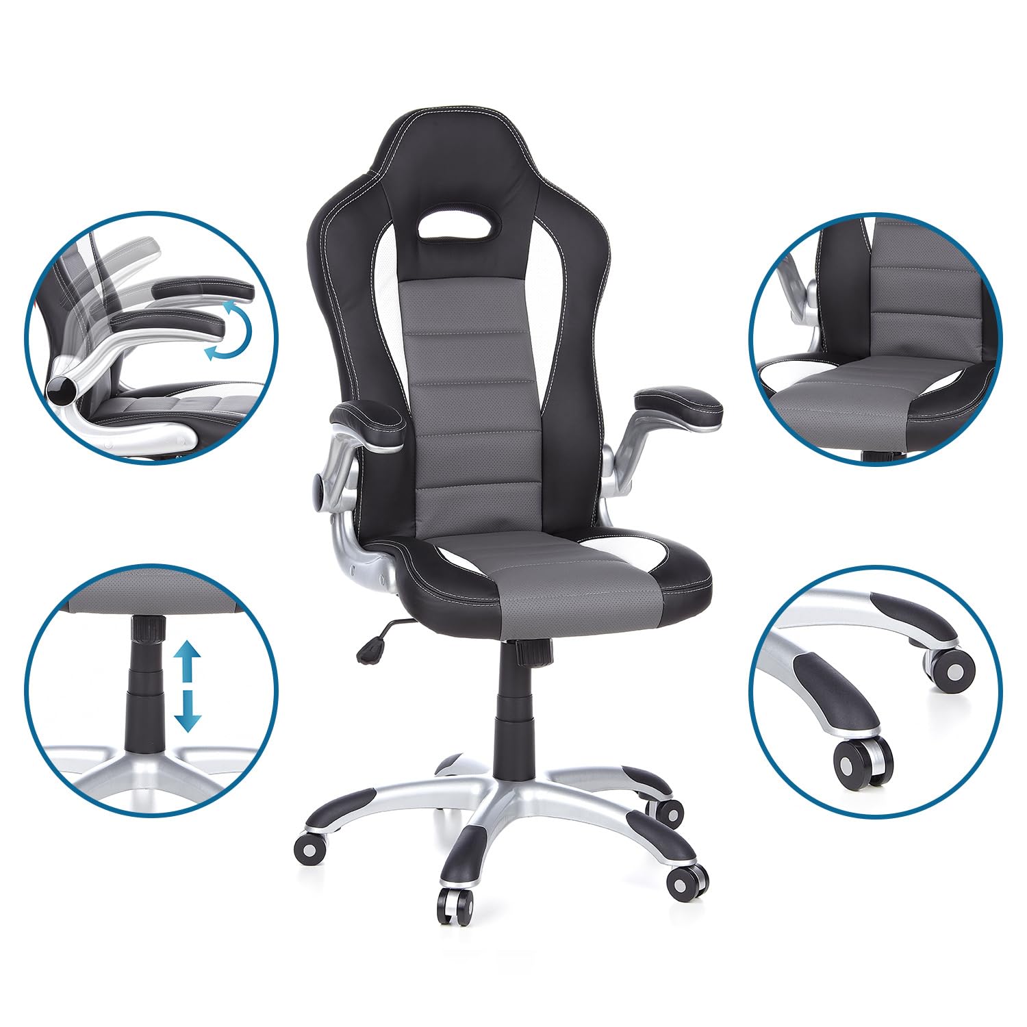 HJH Office 621710 Sedia da Ufficio Girevole GAME SPORT Pelle Sintetica, Poltrona da Gaming, Braccioli ripiegabile, Nero/Bianco/Grigio