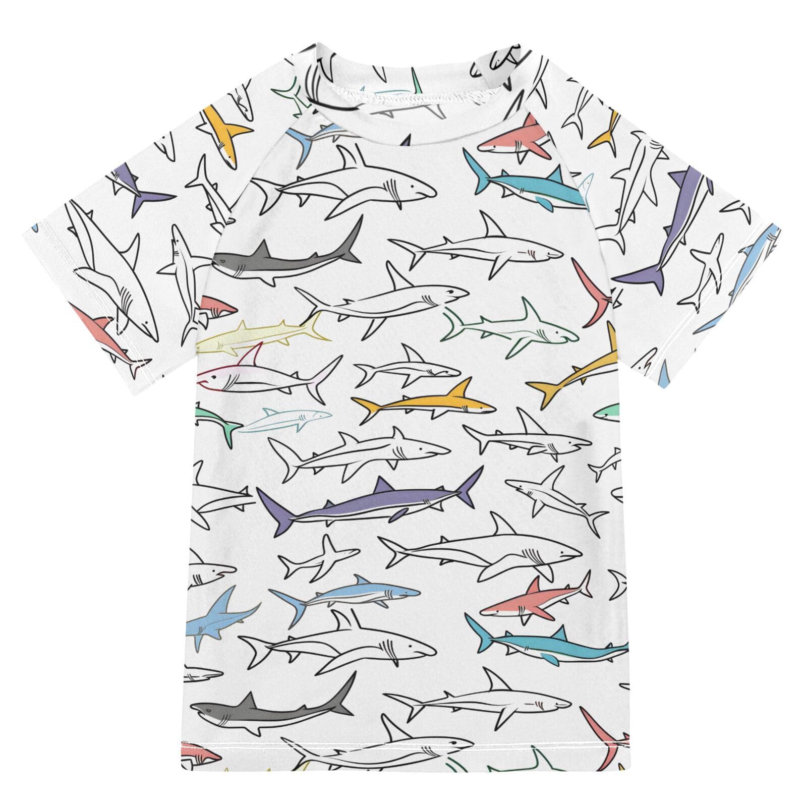 ALAZA Kids Rash Guard Boys Toddler Swim Shirts Short Sleeve Drawing Sharks UPF 50+ 3T