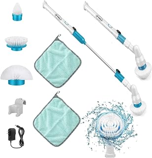 BTERDA Electric Spin Scrubber, 360 Cordless Tub and Tile Scrubber, with 3 Replaceable Cleaning Scrubber Brush Heads, 1 Extension Arm and Adapter for Tub, Tile, Floor (White)