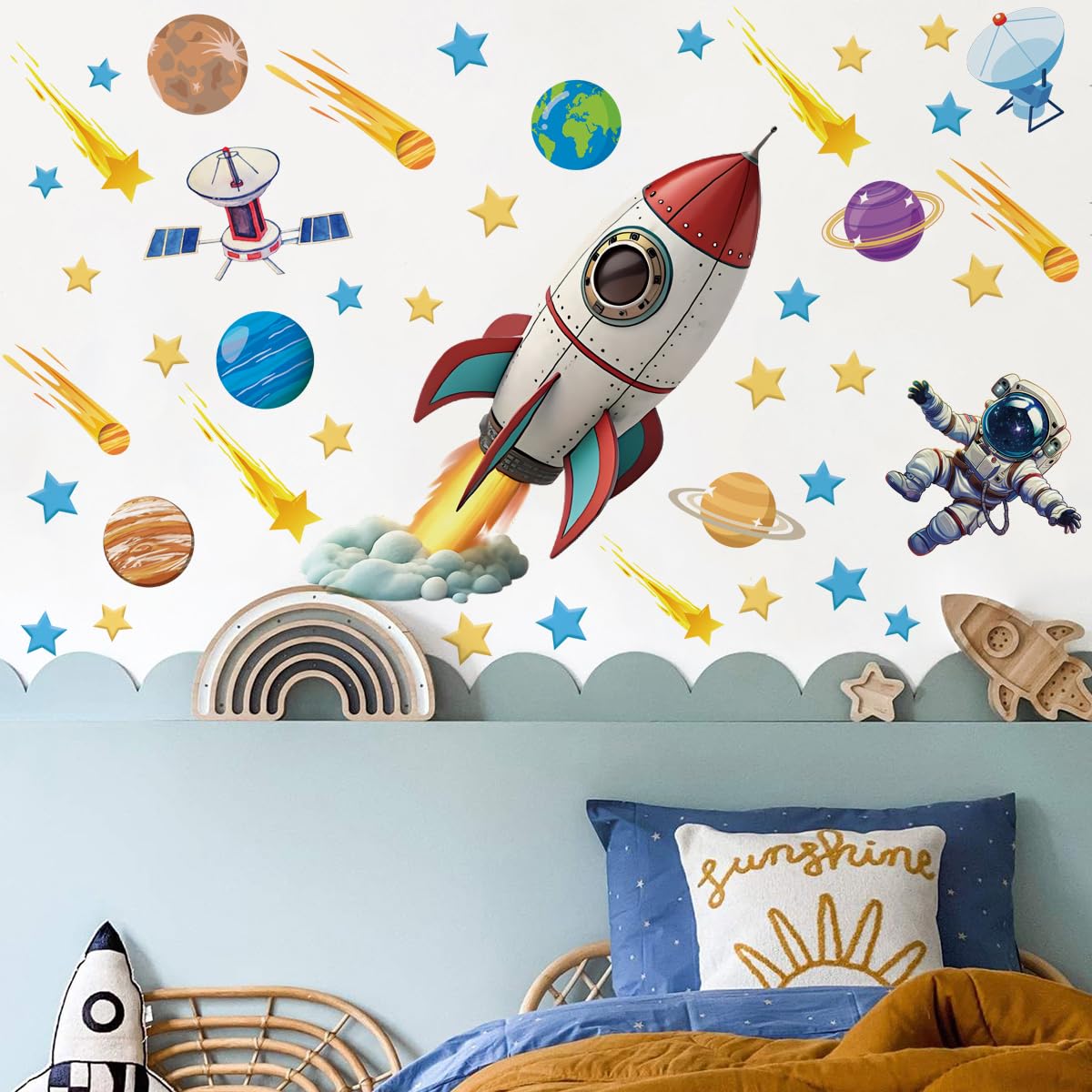 Runtoo Large Space Rocket Ship Wall Art Decals Planets Astronaut Wall Stickers Baby Nursery Boys Kids Bedroom Playroom Wall Decor - Image 3