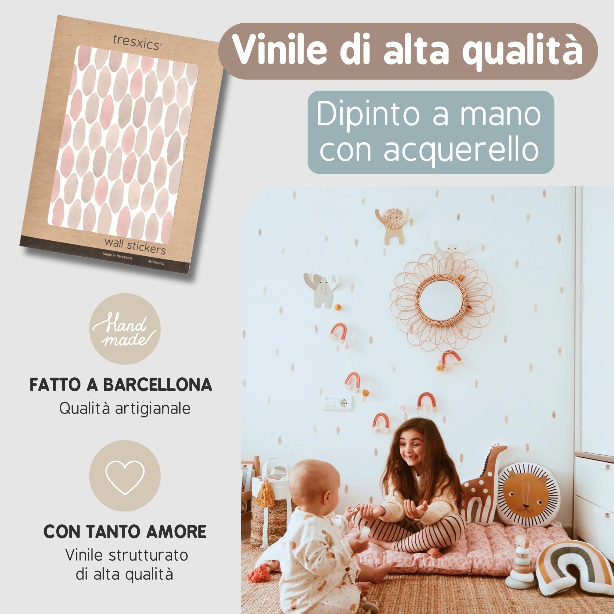Adesivi Murali Bambini | Adesivi Cameretta Bambino Bimba Gocce Acquerello | Effetto Carta da Parati Adesiva | Copre 6 m² | 236 pezzi | TRESXICS (Rosa)
