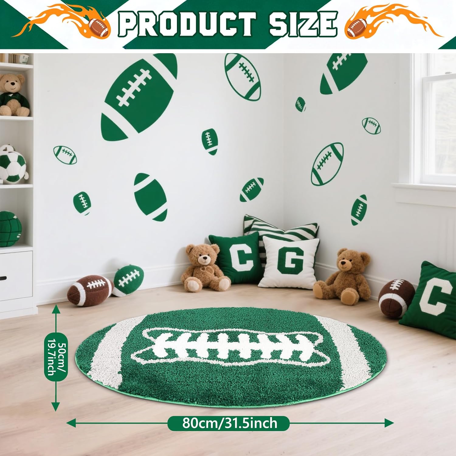 Football Rug for Boys Room Decor 32×20 Inches Soft Football Mat for Bedroom Plush Sports Carpet Washable Area Rug with Non-Slip Backing Sports Team Themed Fans Gifts Playroom Bathroom Door Entryway