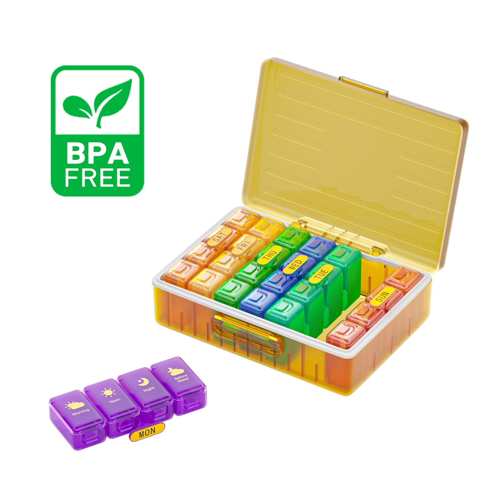 Tygodniowy organizer na tabletki 4 razy dziennie, duże przegródki, pudełko na tabletki 4 x 7 dni, organizer na leki, na tabletki, witaminy, oleje rybne, leki, suplementy (żółty + tęczowy)