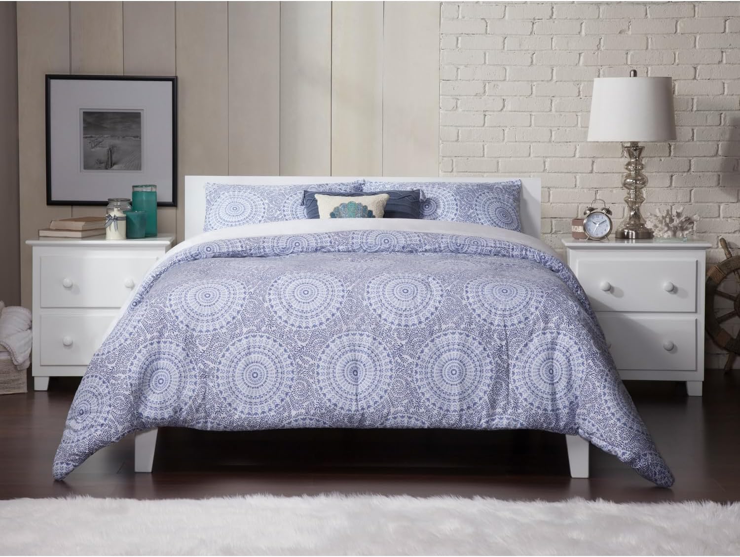 White Full Mid-Century Modern Wood Platform Bed with Headboard