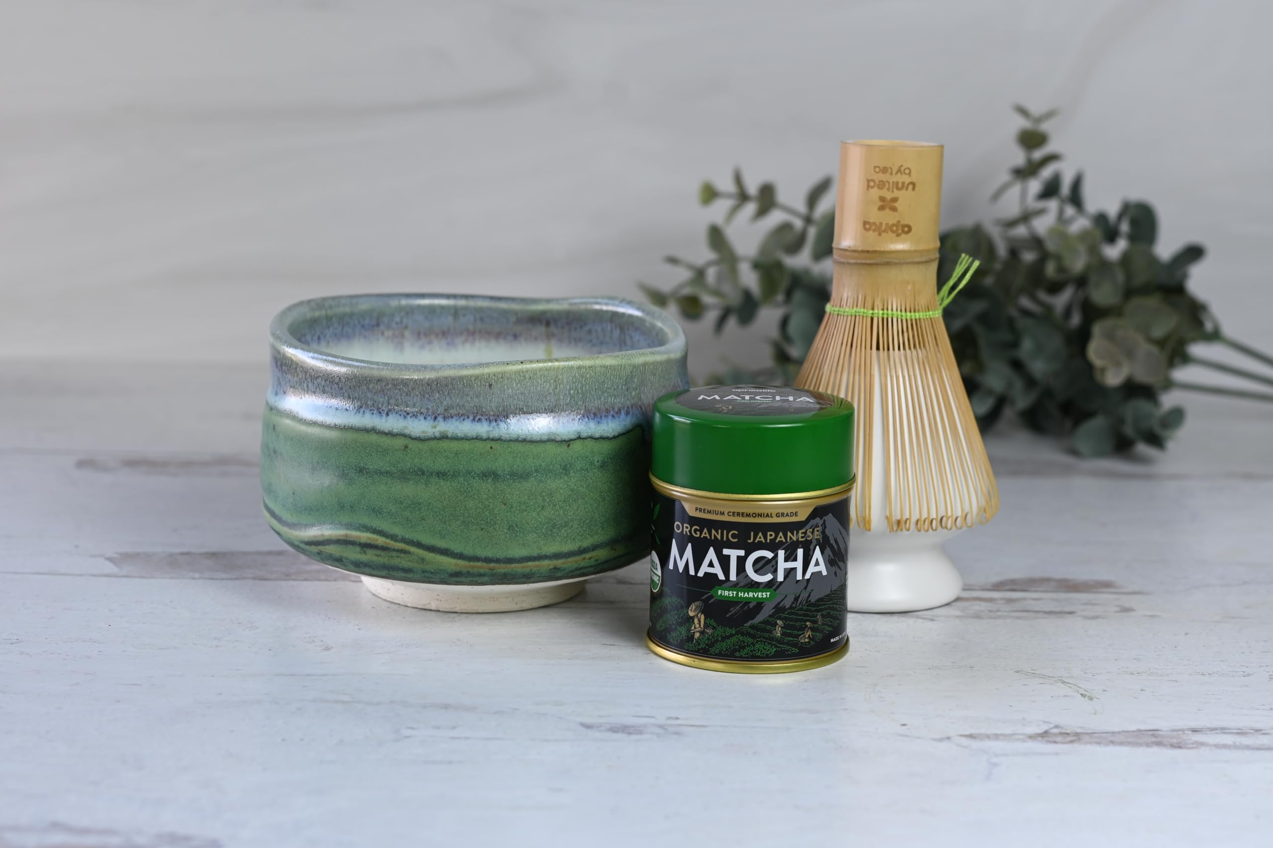 Deep See Ceramic Matcha Set - Japanese Matcha Bowl, Ceremonial Matcha 30g, Bamboo Matcha Whisk and Whisk Holder - Handcrafted Matcha Cup, 100 Prongs Chasen by Aprika Life
