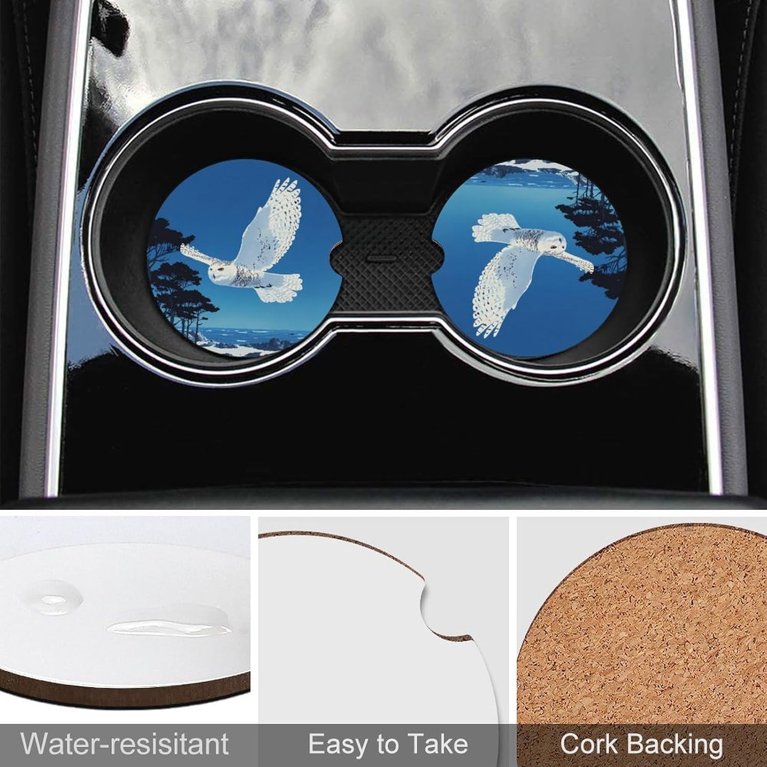 Flying Snowy Owl Cute Car Coasters 2.56 Inch Absorbent Cup Holder for Drinks Auto Interior Accessories