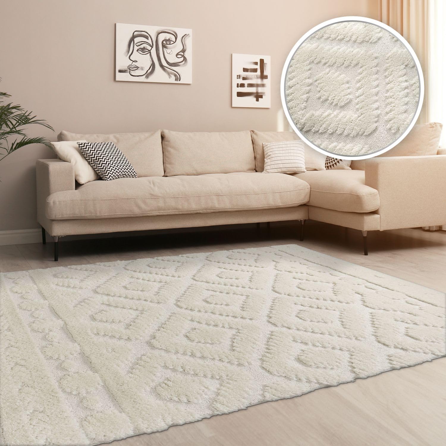 TT Home Wohnzimmer Teppich Hochflor Langflor Schlafzimmer Boho 3D Skandi Design Modern Unifarben, Farbe:Weiß Creme, Größe:200x280 cm