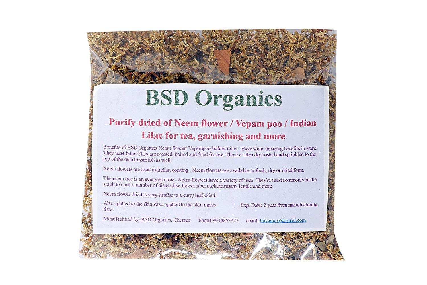 BSD Organics Purify dried Neem flower/Vepam poo/Indian Lilac for tea, garnishing and more (50 gram / 1.7 ounce)