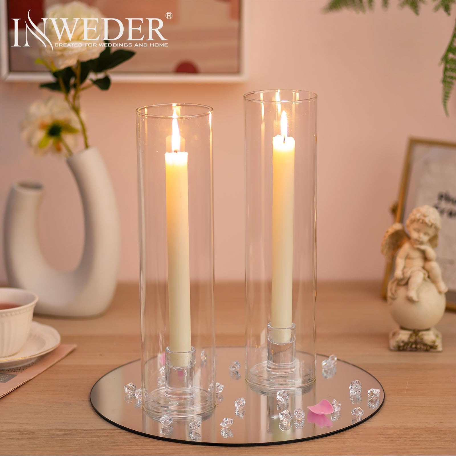 Bougeoir Transparent pour Bougie Conique: Porte-Bougies en Verre avec 30cm Haut Abat-Jour Cylindrique 6 Pcs Chandelier Moderne pour Noël Mariage Centre de Table Décoration d'intérieur (6)