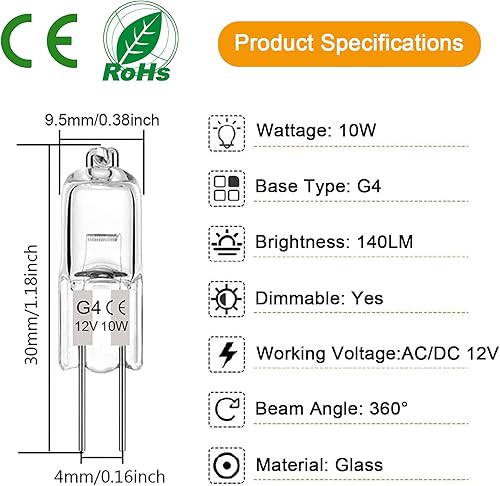 Miniatura 10 de Bombilla halógena G4 de 20 W, paquete de 12 bombillas G4 regulables para luz de disco debajo del gabinete, candelabros, iluminación de pista, CACC