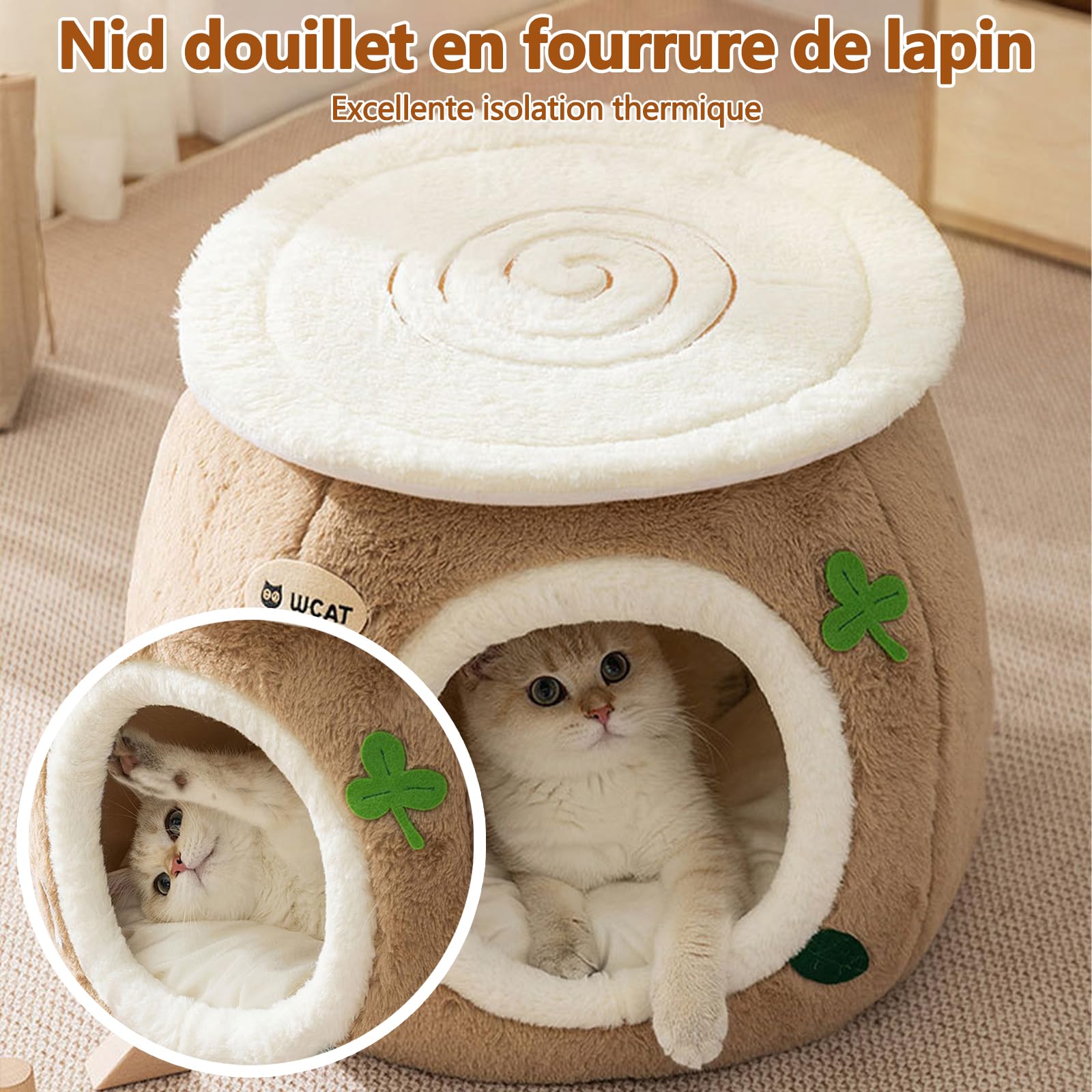 Galatée Niche pour Chat, Lit en Peluche Ultra Doux avec Dessous Antidérapant, Niche pour Chien Au Design Mignon Et Dessin Animé, Nid Spacieux, Tipi pour Chat Chaud Et Confortable(L, Marron)