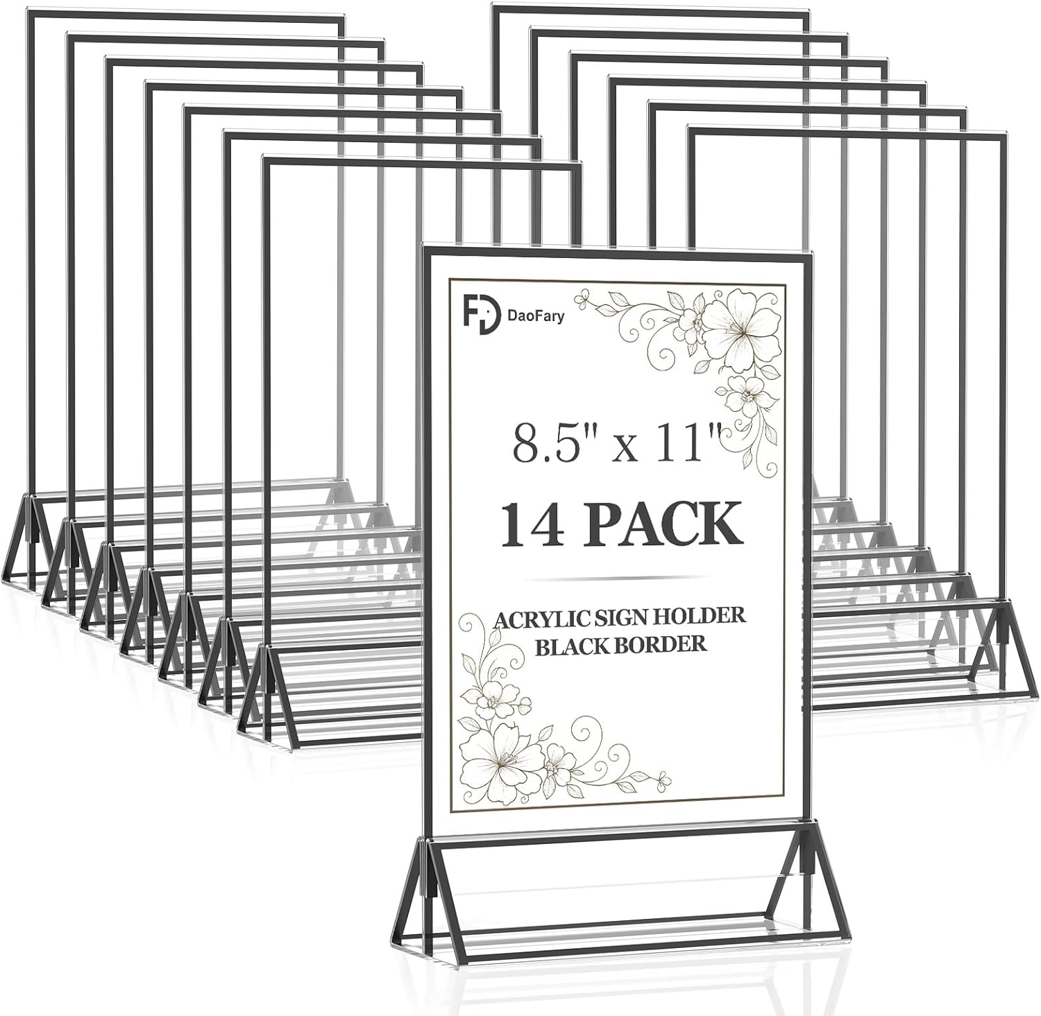 Daofary Acrylic Sign Holder 8.5x11, 14 Pack Double Sided Black Picture Frame Stand up Table Top Sign Holders, Clear Display Stand Menu Flyer Holder for Wedding Party