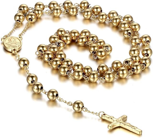 Cupimatch Unisex Stainless Steel Christian Catholic Religious Rosary Cross Crucifix Pendant Long Link Beads Chain Necklace Gold Color