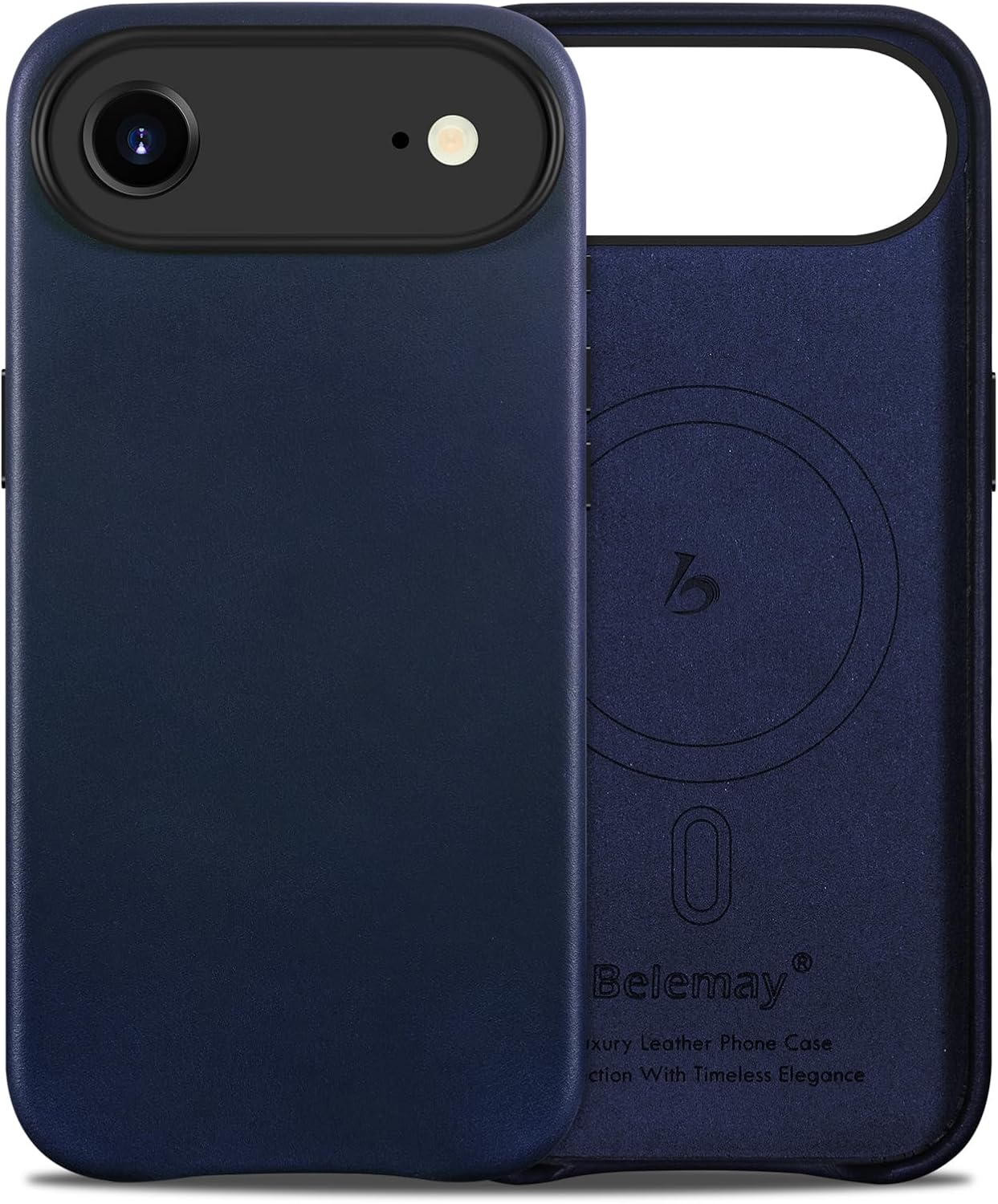 Belemay Handcrafted Full-Grain Vegetable-Tanned Leather Case for iPhone 17 Air, Compatible with MagSafe, Classy Two-Tone Effect, Natural Patina, Camera Control Button, Metal Buttons (6.5"), Navy Blue