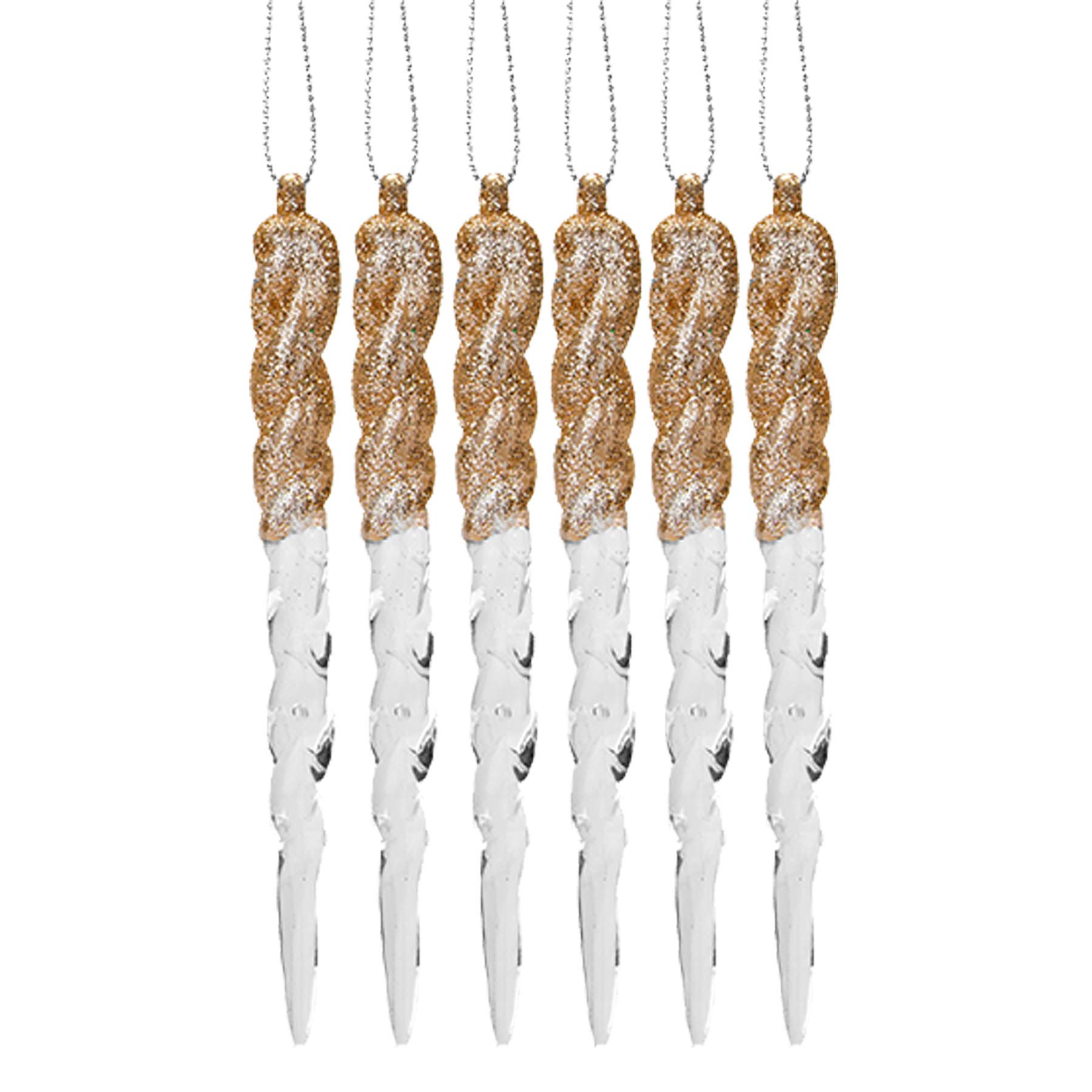 Snow White Gold,White 6 Pack 12Cm Acrylic And Glitter Icicles Christmas Tree Decoration - Champagne Gold