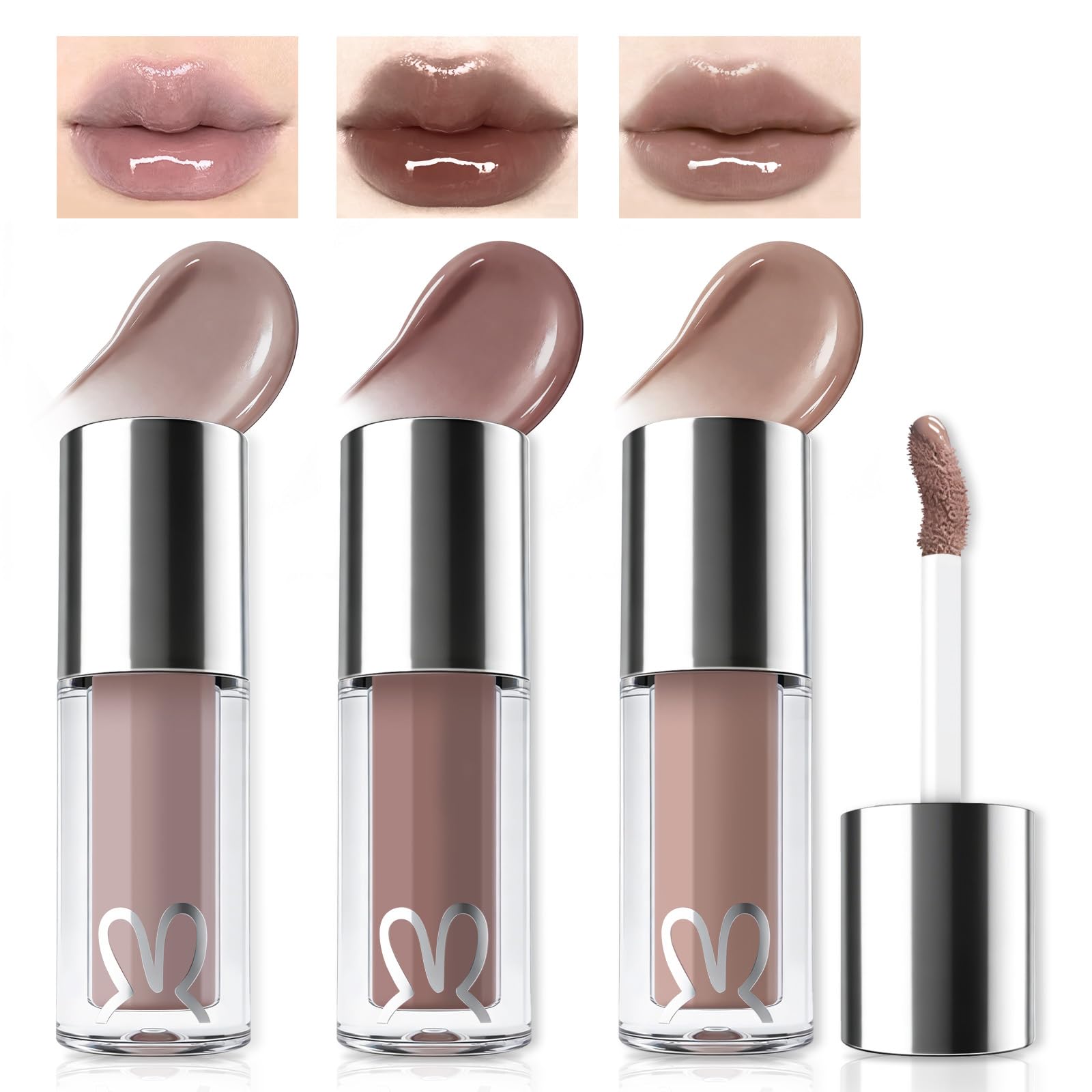 Noerrors 3pcs Mirror Finish Glossy Nude Lip Gloss Set for Women, Light Grayish Mauve Pale Pink Cool Toned Liquid Lipstick, Moisturizing Soft Smooth Lightweight High Shine Lip Glow Oil Gothic Makeup #01+#2+#3