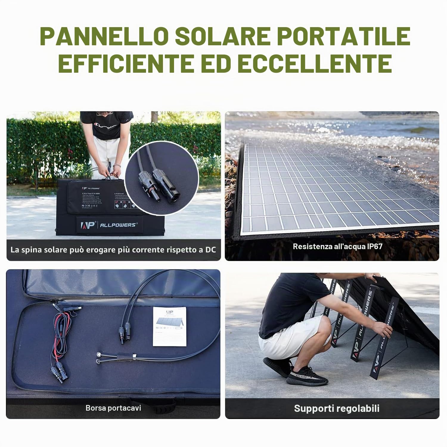 ALLPOWERS Pannello Solare Pieghevole 400W,Caricatore Solare Portatile,Con Prolunga Solare, XT60/DC,Kit di ricarica solare,per Generatore Solare Portatile,Campeggio,Campeggio Giardino Balcone