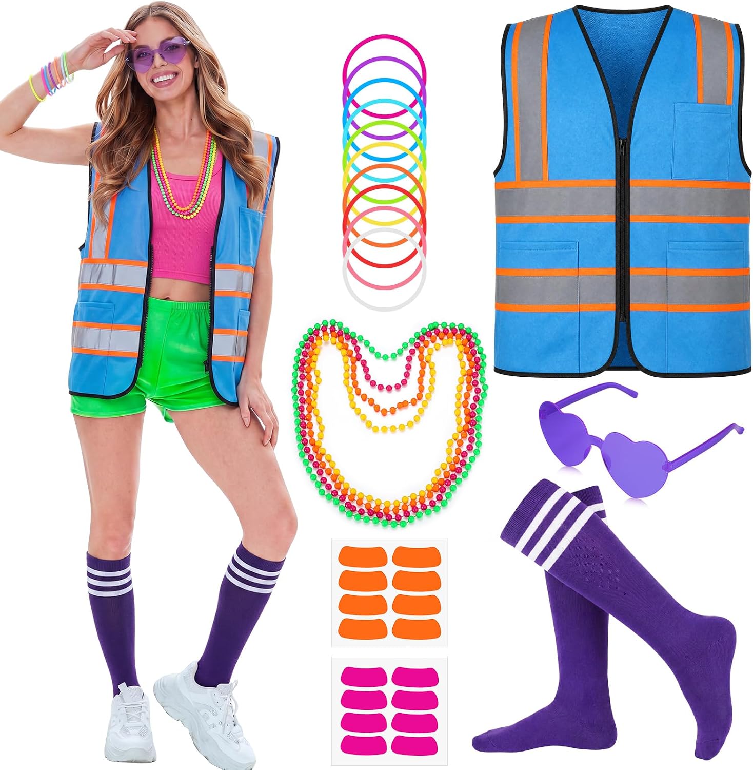 Skicuff Neon Outfit Neon Costume Accessories Reflective Vest Sunglasses Necklace Bracelet for Glow Party Football Game
