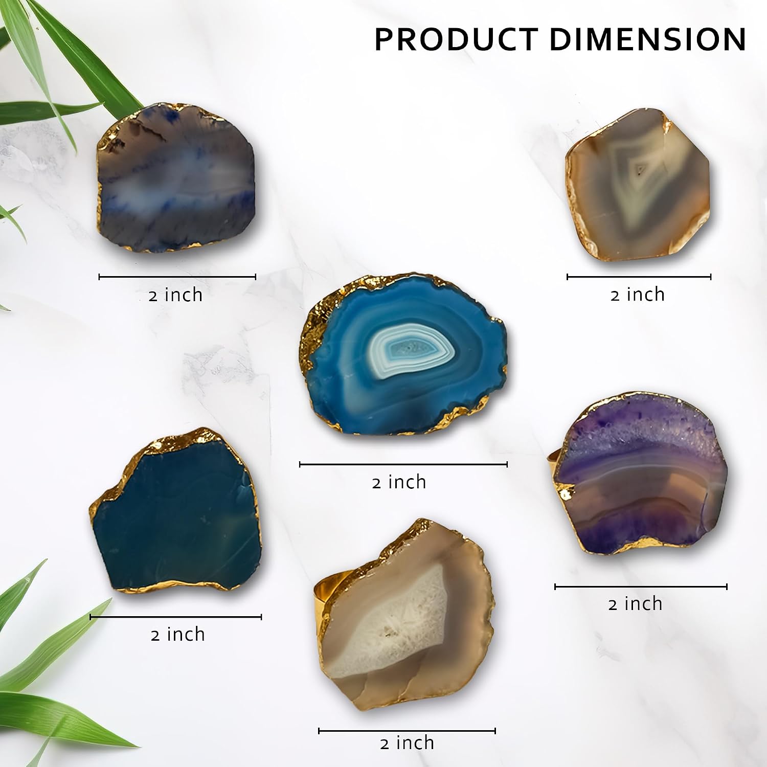 Natural Agate Stone Napkin Rings Set of 6 – Gold Edge Geode Crystal Napkin Holders for Dining Table, Mixed Color Agate Stone Accessories, Christmas, New Year, Thanksgiving