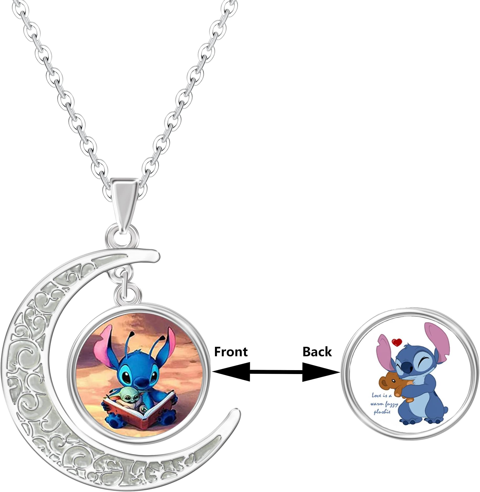 AIIGOU Lilo and Stitch Moon Pendant Necklace Jewelry Glow in the Dark, Boy and Girls Cratoon Crescent Necklace, Stainless Steel, No Gemstone