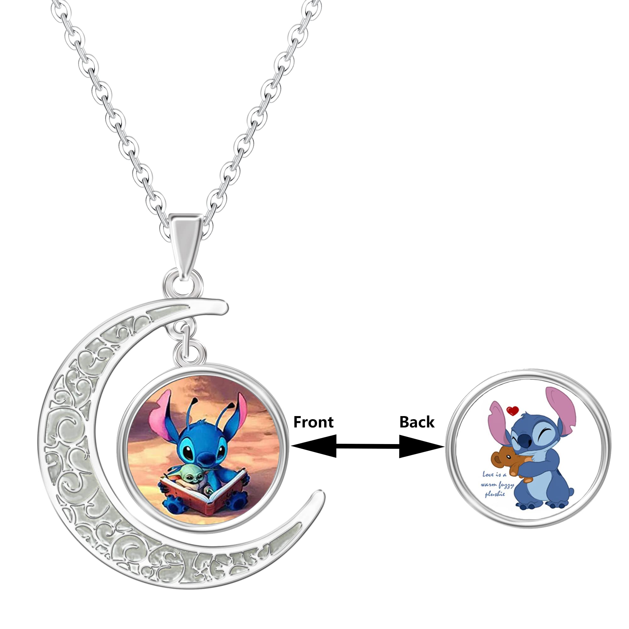 AIIGOU Lilo and Stitch Moon Pendant Necklace Jewelry Glow in the Dark, Boy and Girls Cratoon Crescent Necklace, Stainless Steel, No Gemstone